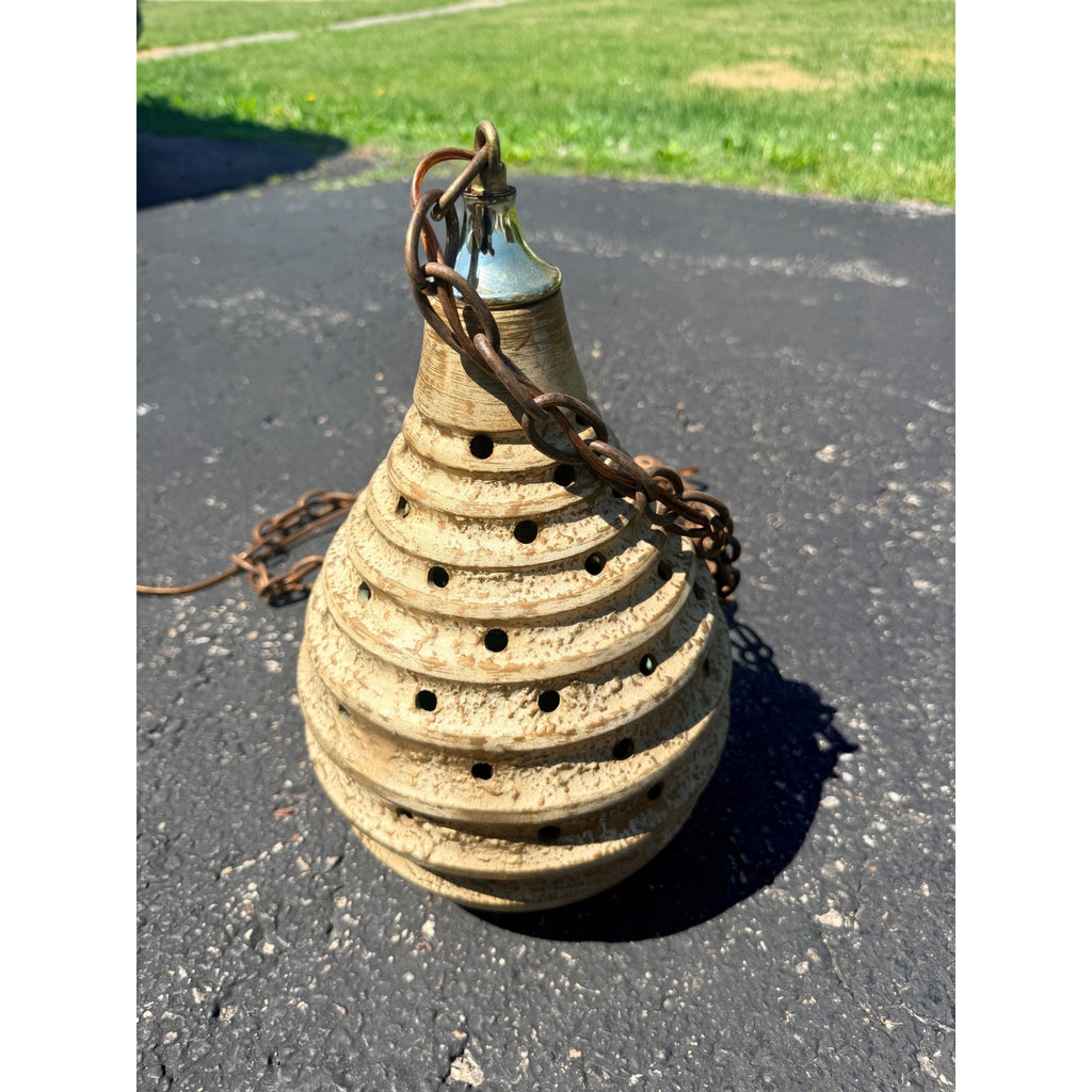 Vintage MCM Pottery Ceramic Beehive Hanging Lamp Gold White Mid Century Modern