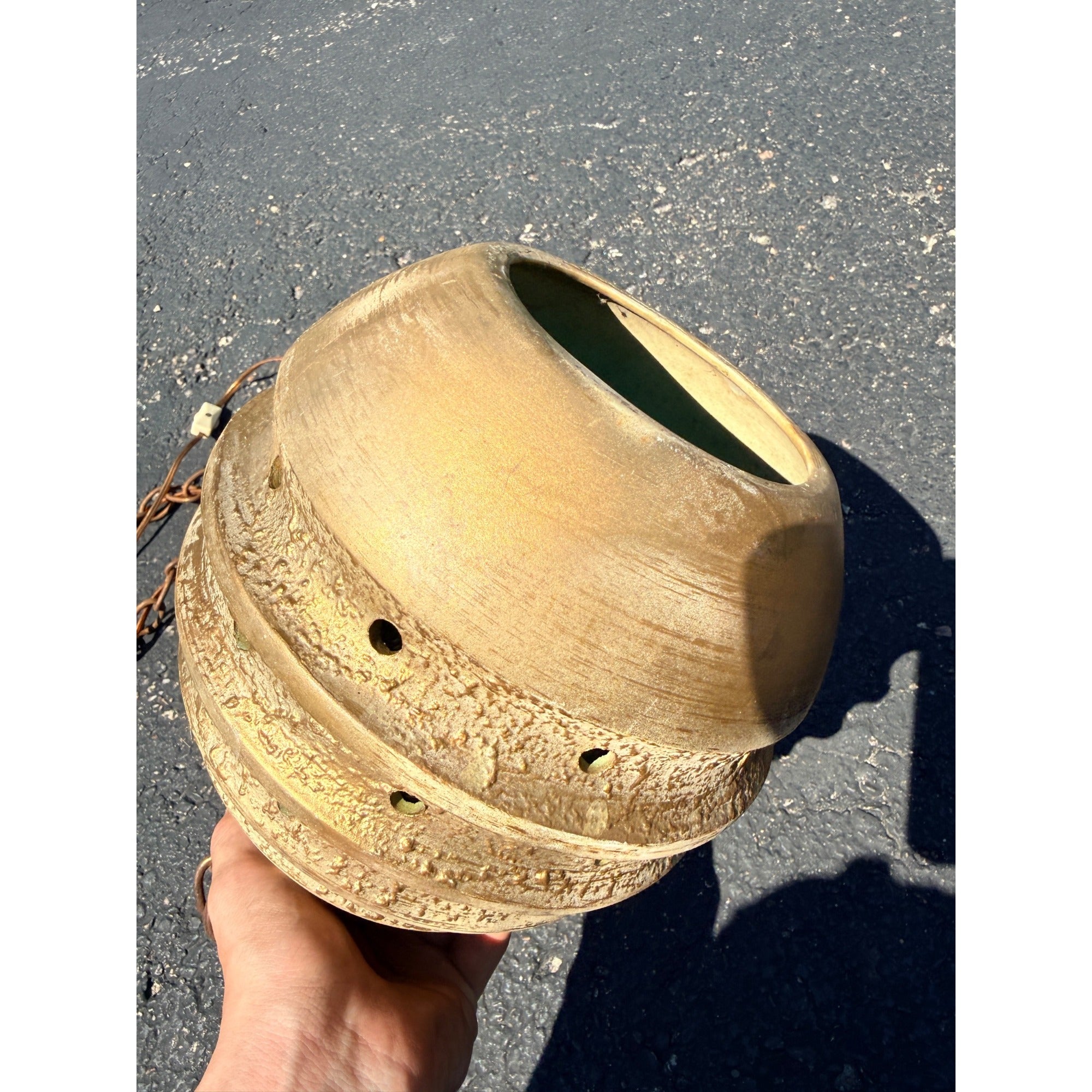 Vintage MCM Pottery Ceramic Beehive Hanging Lamp Gold White Mid Century Modern