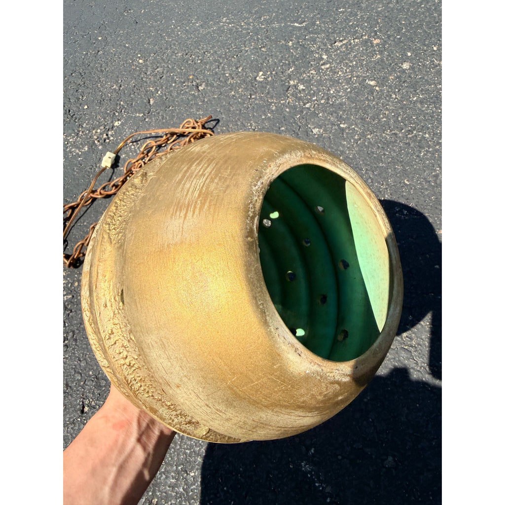 Vintage MCM Pottery Ceramic Beehive Hanging Lamp Gold White Mid Century Modern