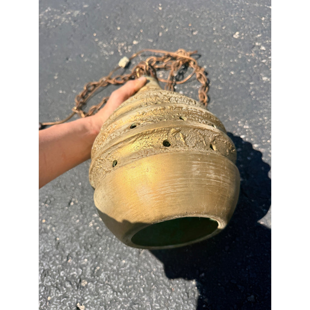 Vintage MCM Pottery Ceramic Beehive Hanging Lamp Gold White Mid Century Modern