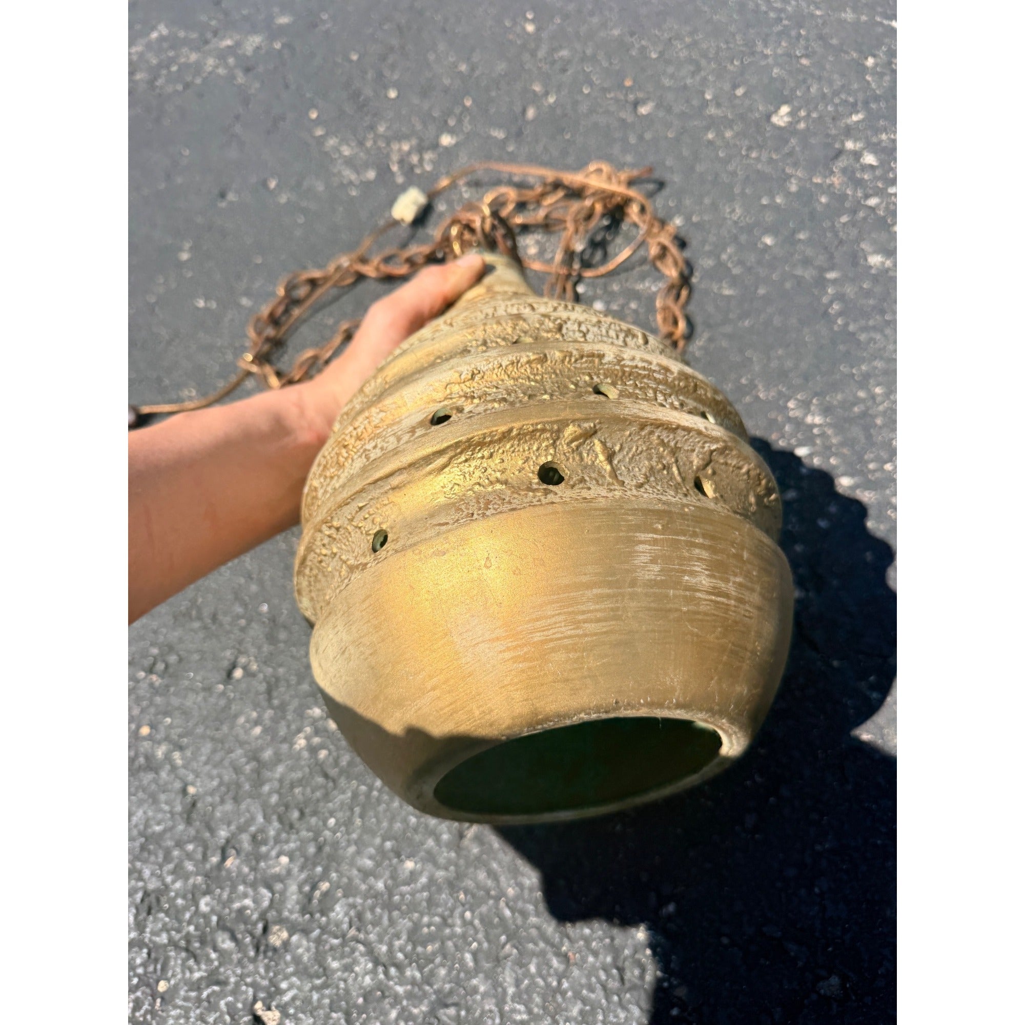 Vintage MCM Pottery Ceramic Beehive Hanging Lamp Gold White Mid Century Modern
