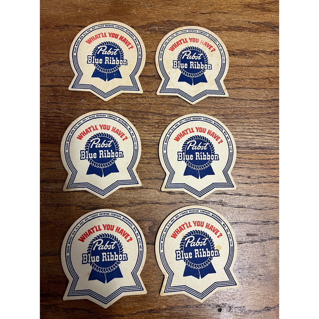 Vintage 1950s Pabst Blue Ribbon Beer Set (6) Bar Coasters "What You'll Have?"