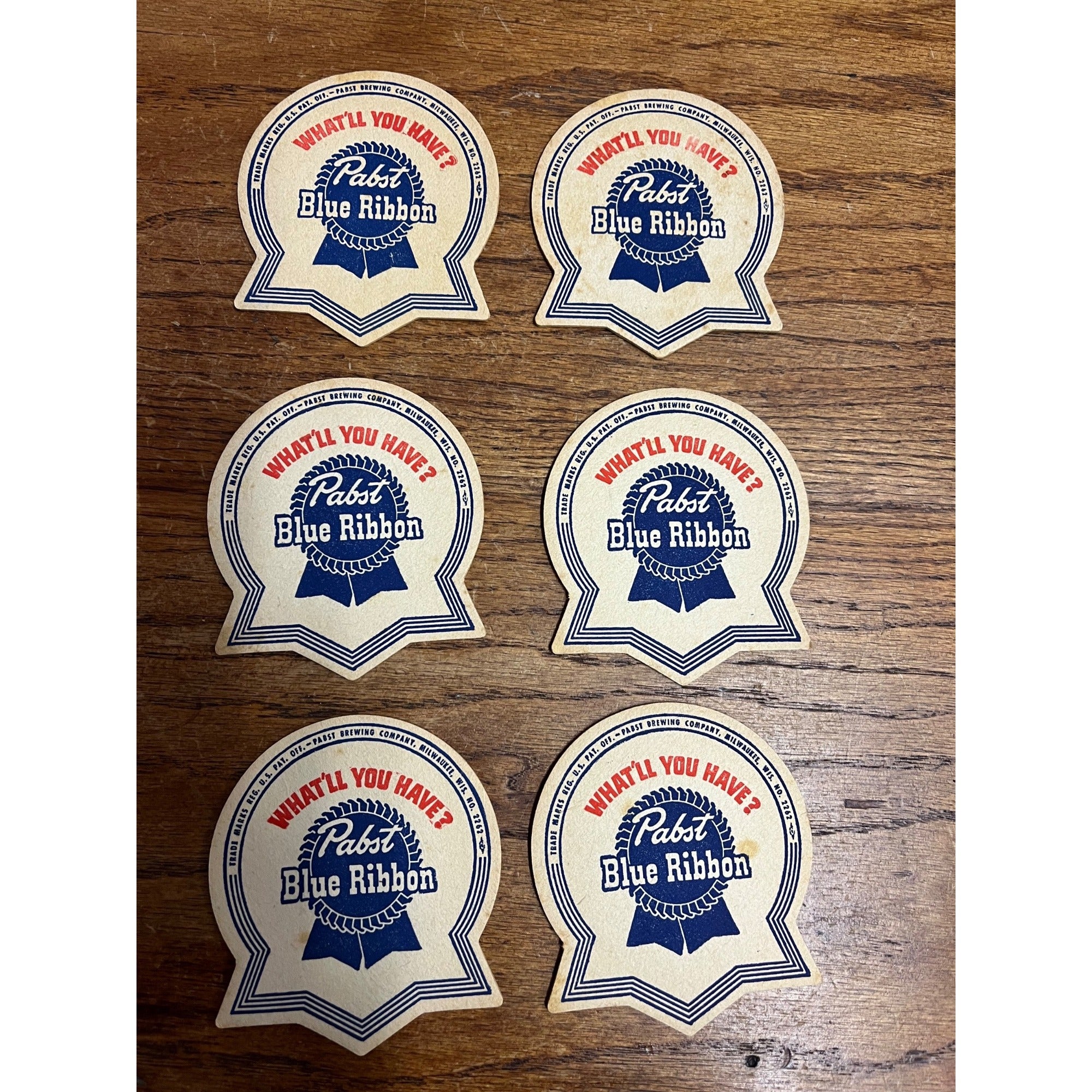 Vintage 1950s Pabst Blue Ribbon Beer Set (6) Bar Coasters "What You'll Have?"