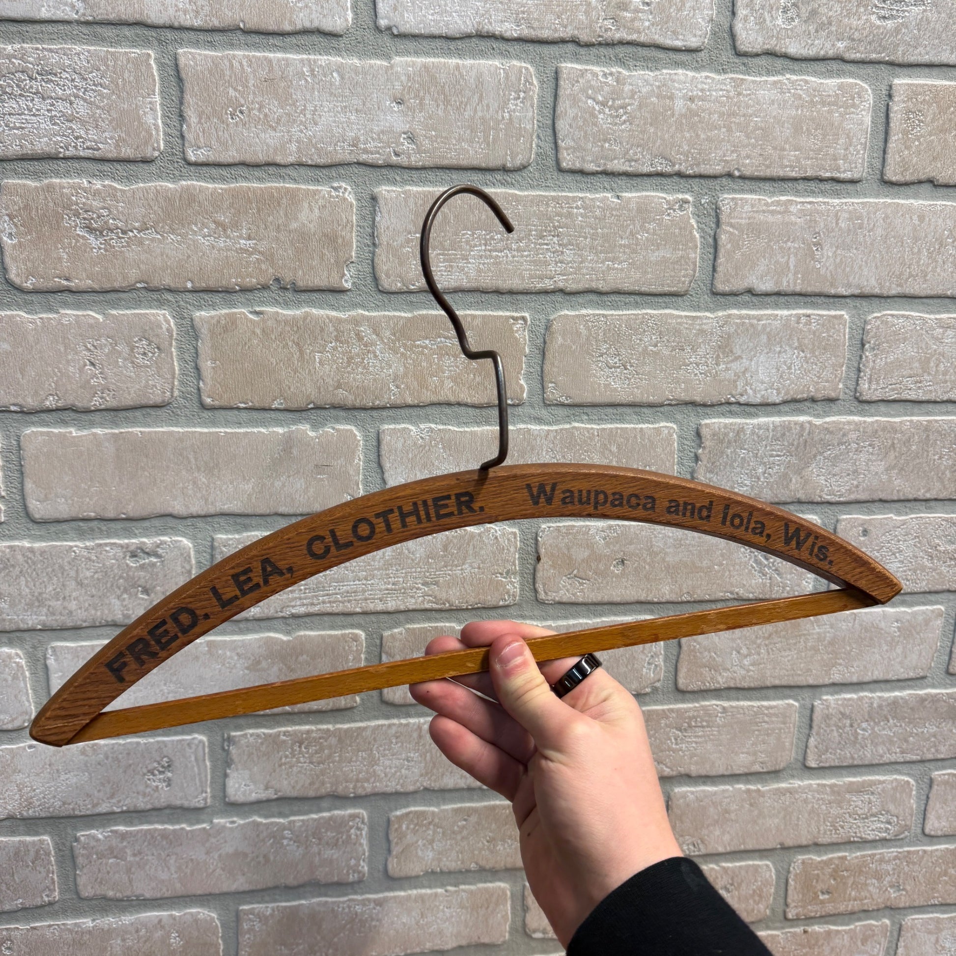 Vintage 1900s Fred Lea Clothier Store Advertising Wooden Clothes Hanger Iola Wis