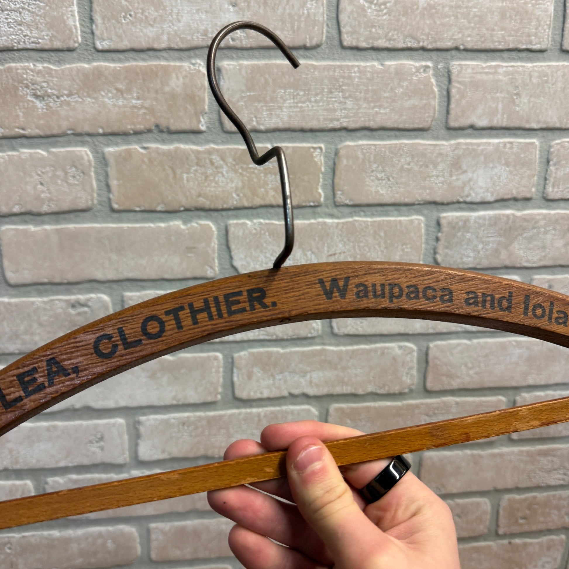 Vintage 1900s Fred Lea Clothier Store Advertising Wooden Clothes Hanger Iola Wis