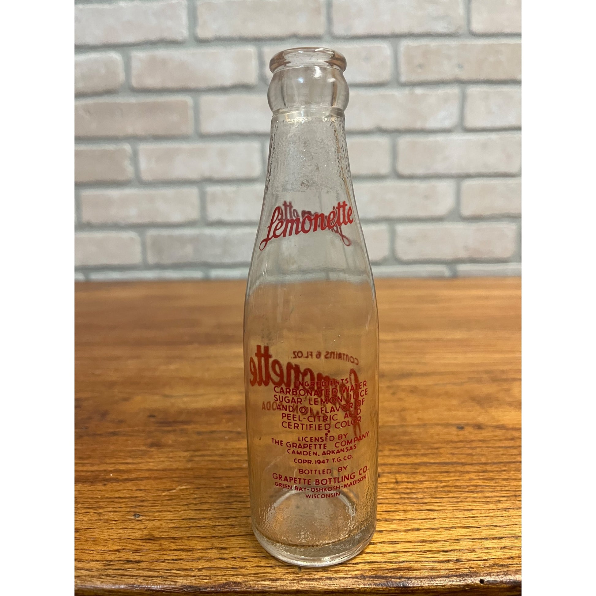 Vintage Lemonette Glass Soda Bottle Grapette Bottling Oshkosh Madison Green Bay Wis