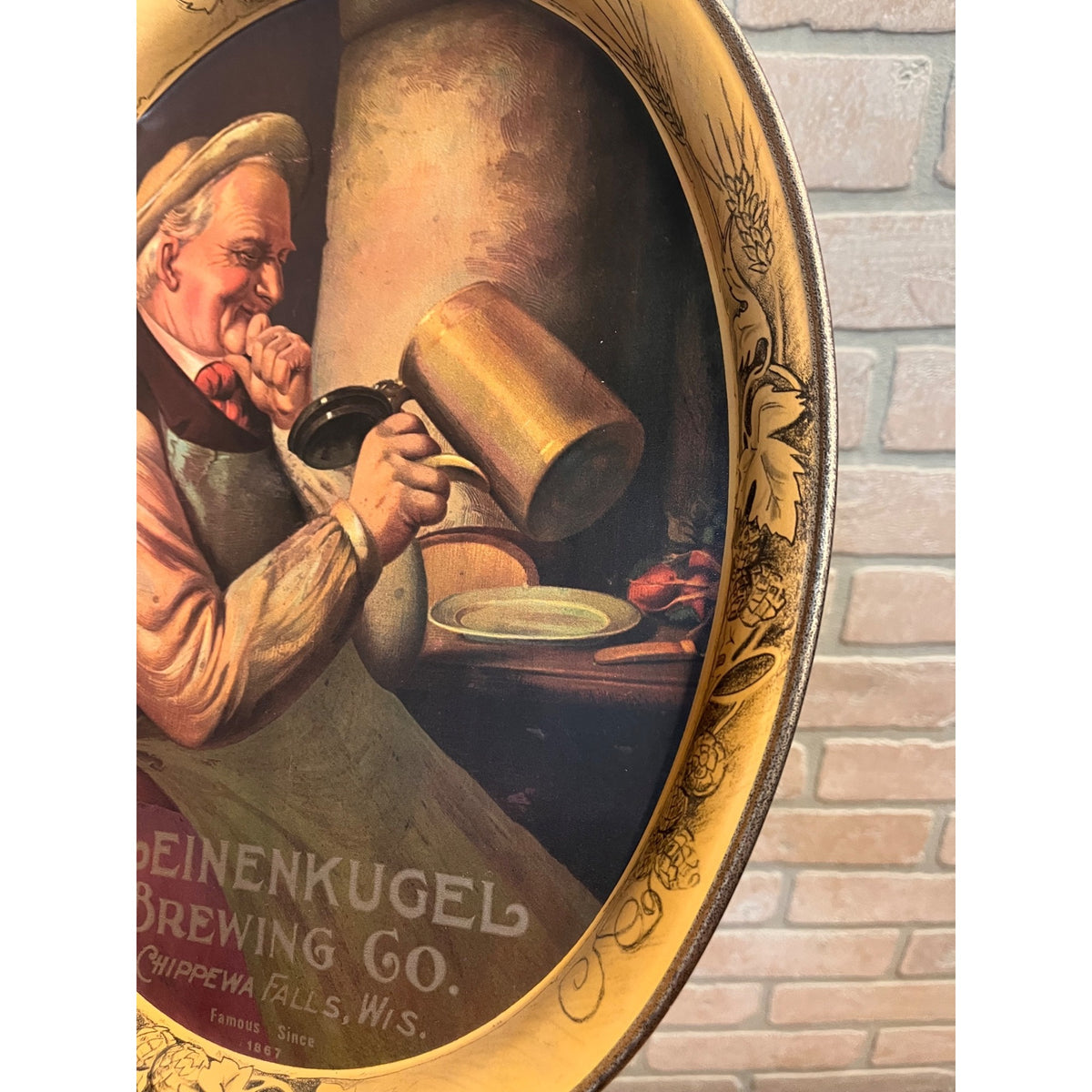 Vintage J. Leinenkugel Brewing Co. Man With Beer Stein Oval Metal Serving Tray Chippewa Falls, WI