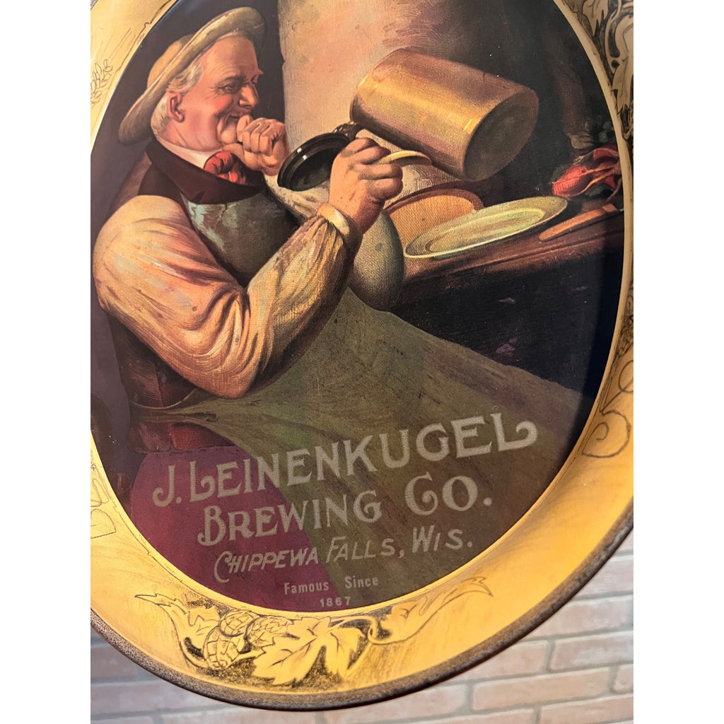 Vintage J. Leinenkugel Brewing Co. Man With Beer Stein Oval Metal Serving Tray Chippewa Falls, WI