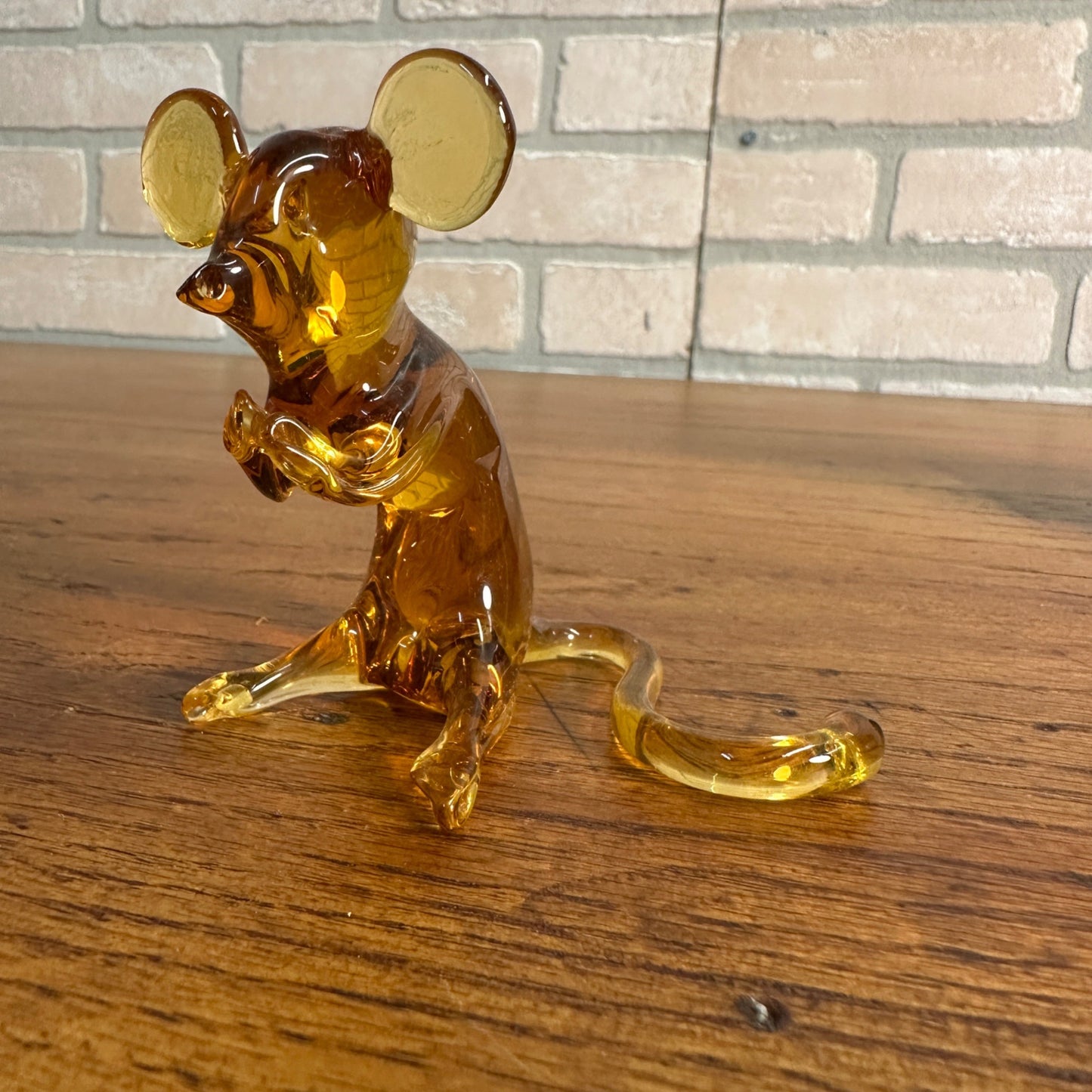 Vintage Amber Glass Mouse Pilgrim Art Hand Blown Long Tail Hands Up and Crossed