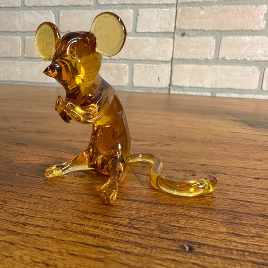 Vintage Amber Glass Mouse Pilgrim Art Hand Blown Long Tail Hands Up and Crossed