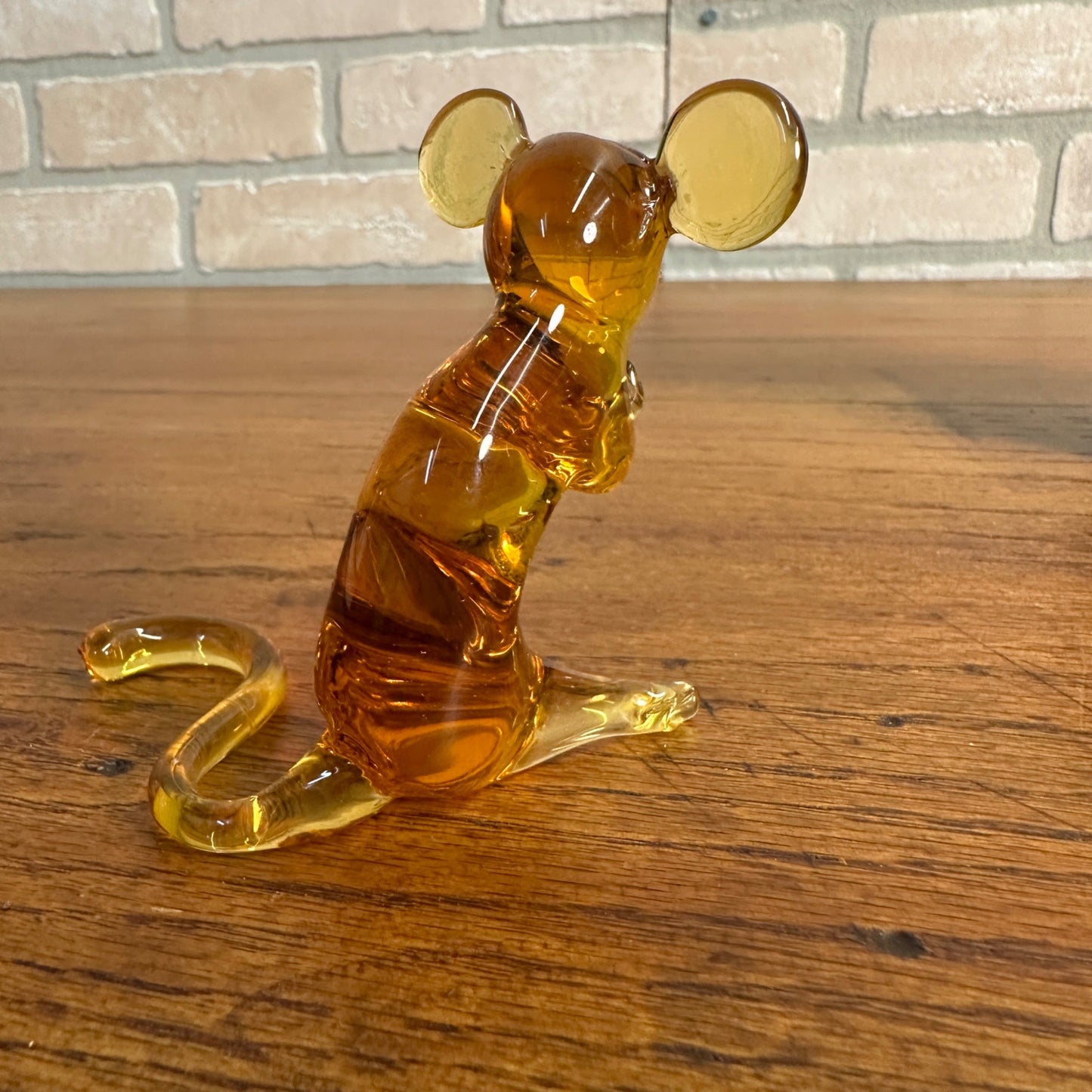 Vintage Amber Glass Mouse Pilgrim Art Hand Blown Long Tail Hands Up and Crossed