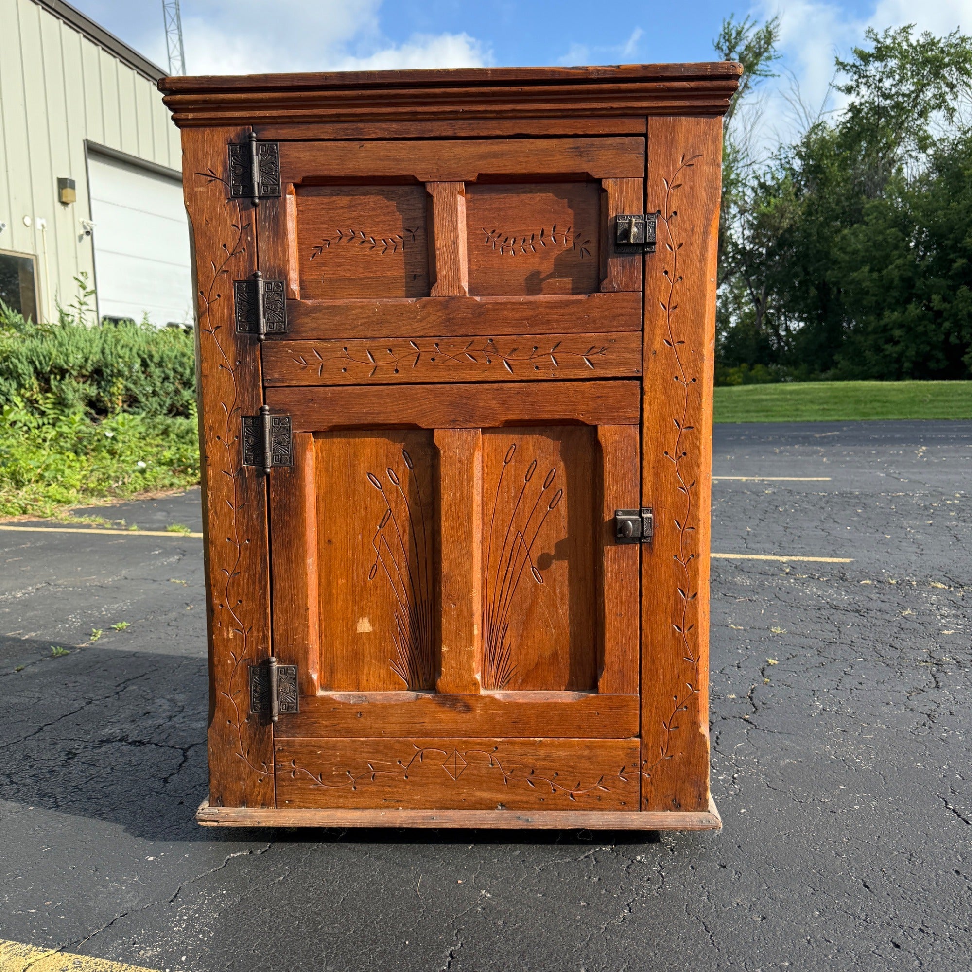 Antique Primitive c1880s Wooden Ice Box Cabinet  w/ Orante Spoon Carvings