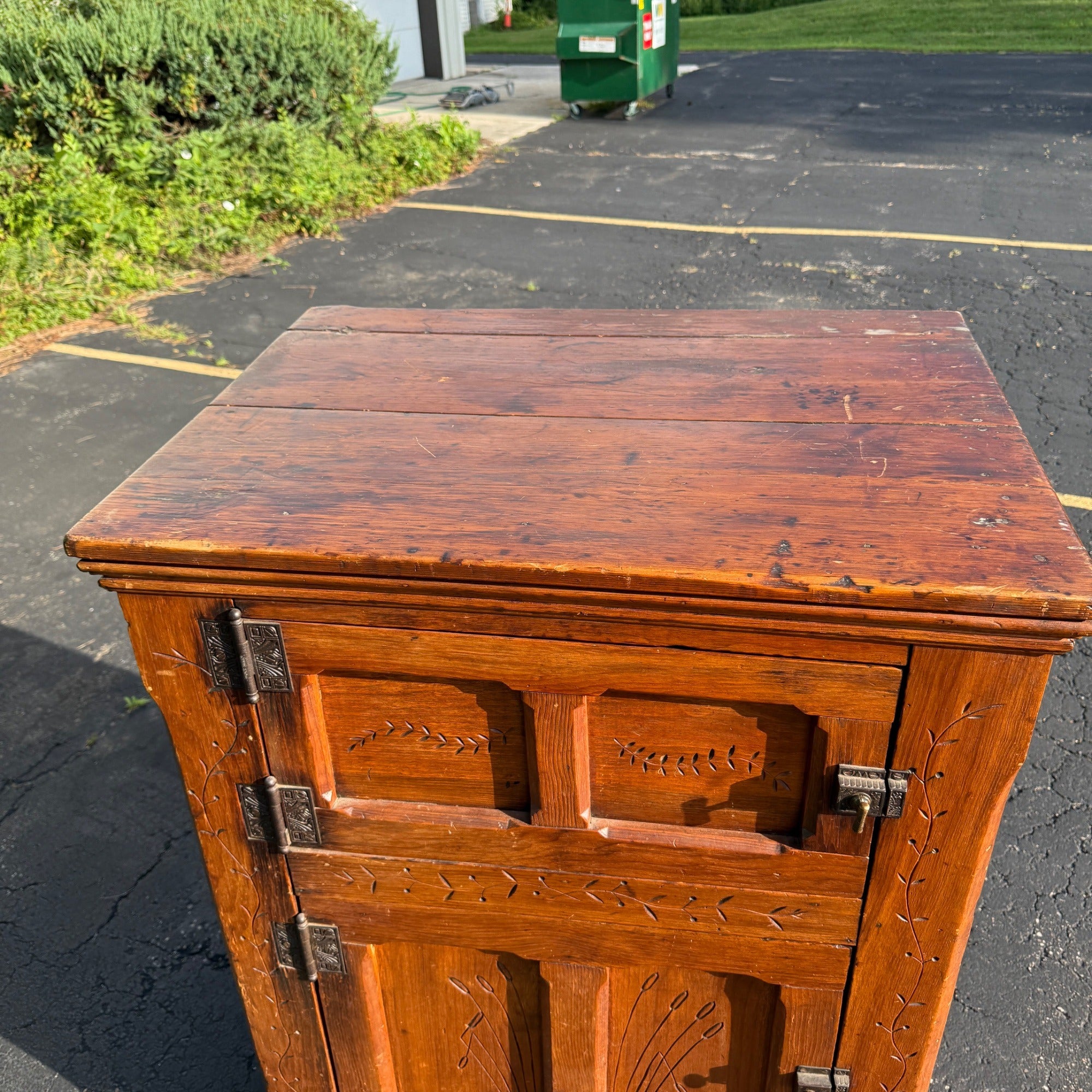 Antique Primitive c1880s Wooden Ice Box Cabinet  w/ Orante Spoon Carvings