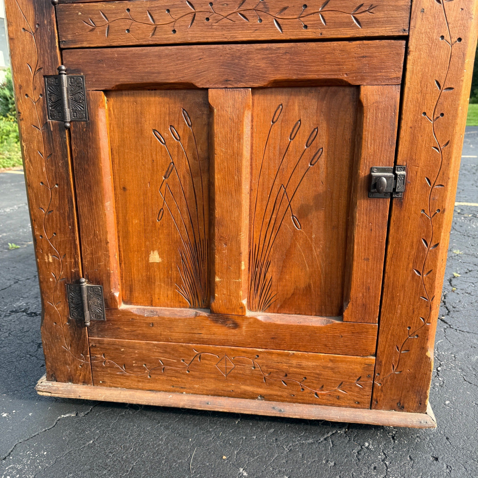 Antique Primitive c1880s Wooden Ice Box Cabinet  w/ Orante Spoon Carvings