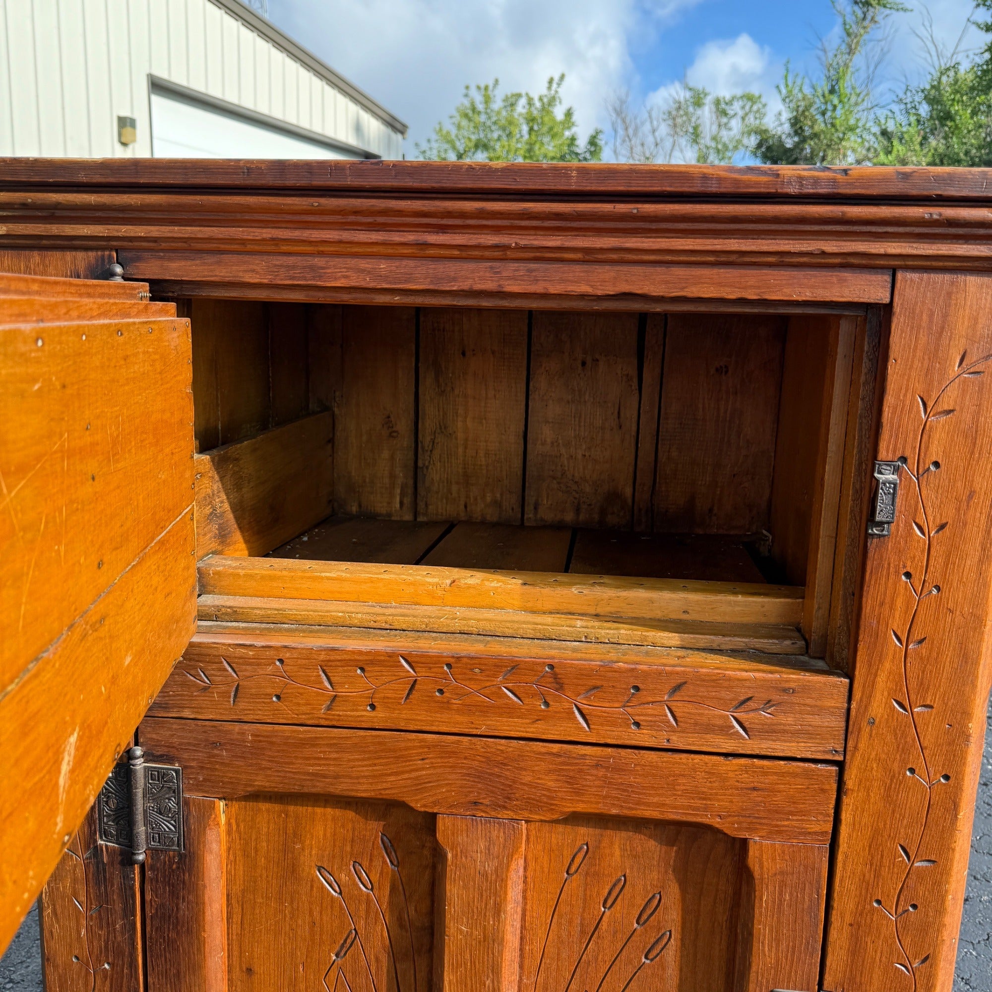 Antique Primitive c1880s Wooden Ice Box Cabinet  w/ Orante Spoon Carvings