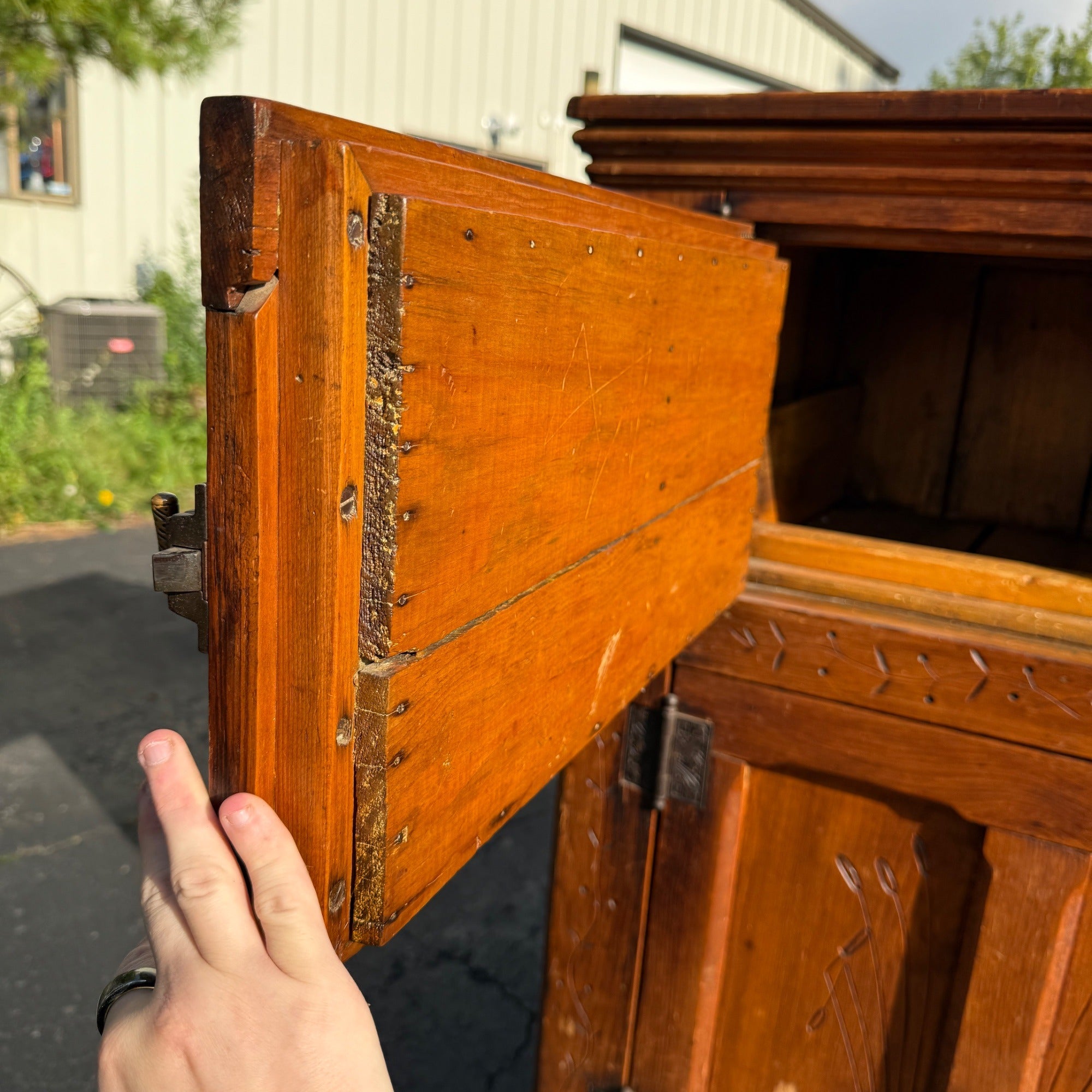 Antique Primitive c1880s Wooden Ice Box Cabinet  w/ Orante Spoon Carvings