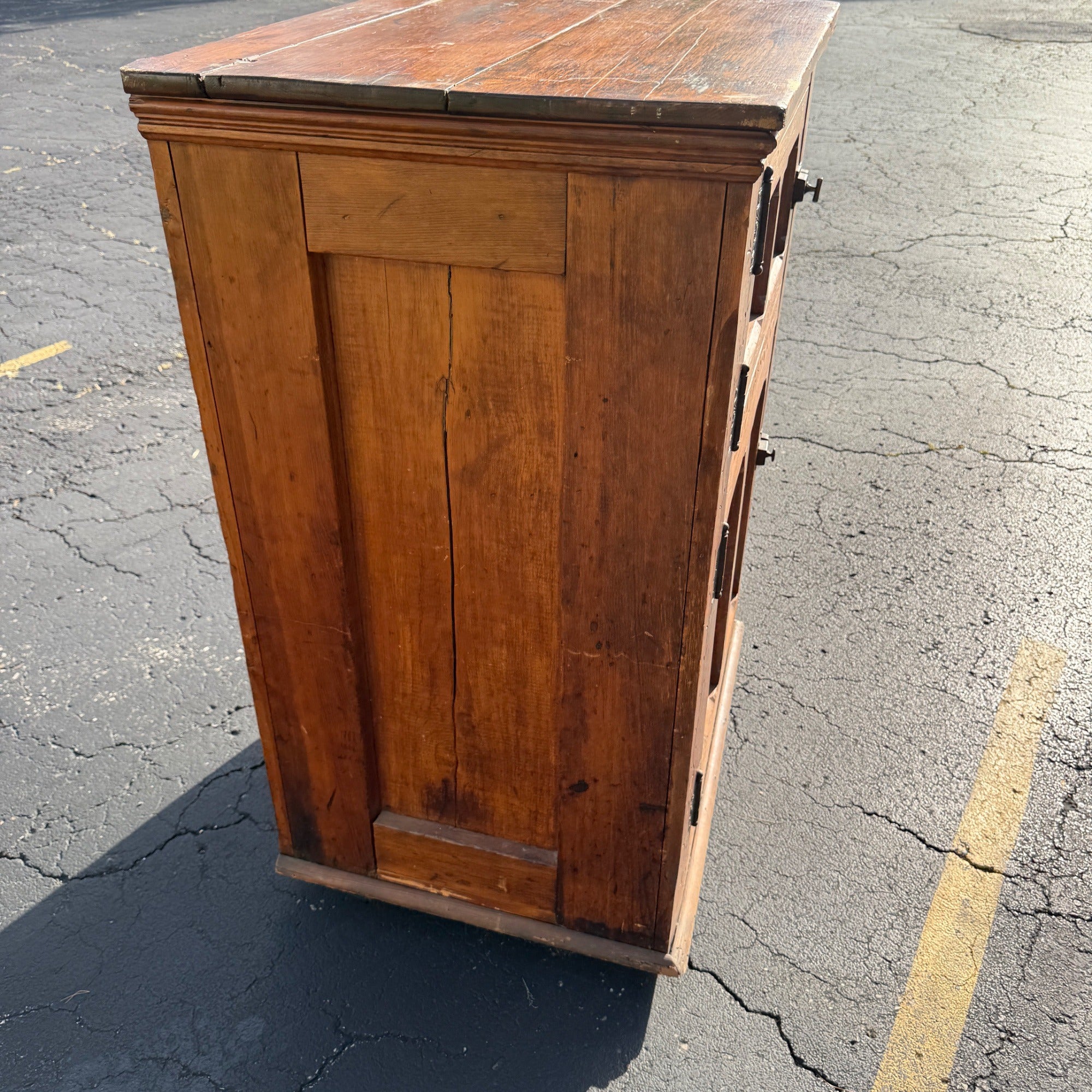 Antique Primitive c1880s Wooden Ice Box Cabinet  w/ Orante Spoon Carvings