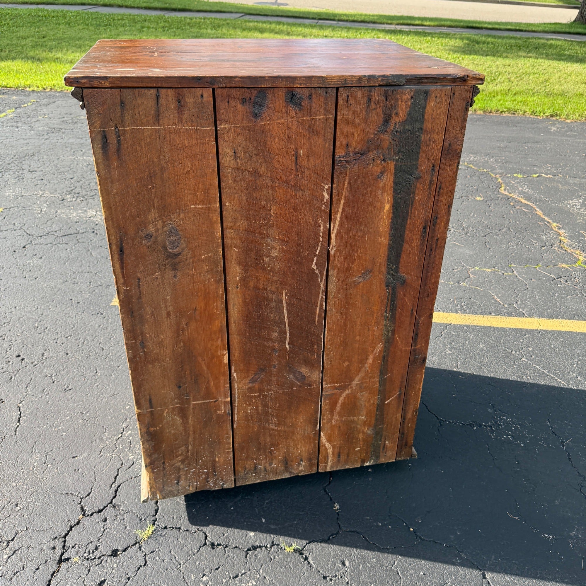 Antique Primitive c1880s Wooden Ice Box Cabinet  w/ Orante Spoon Carvings