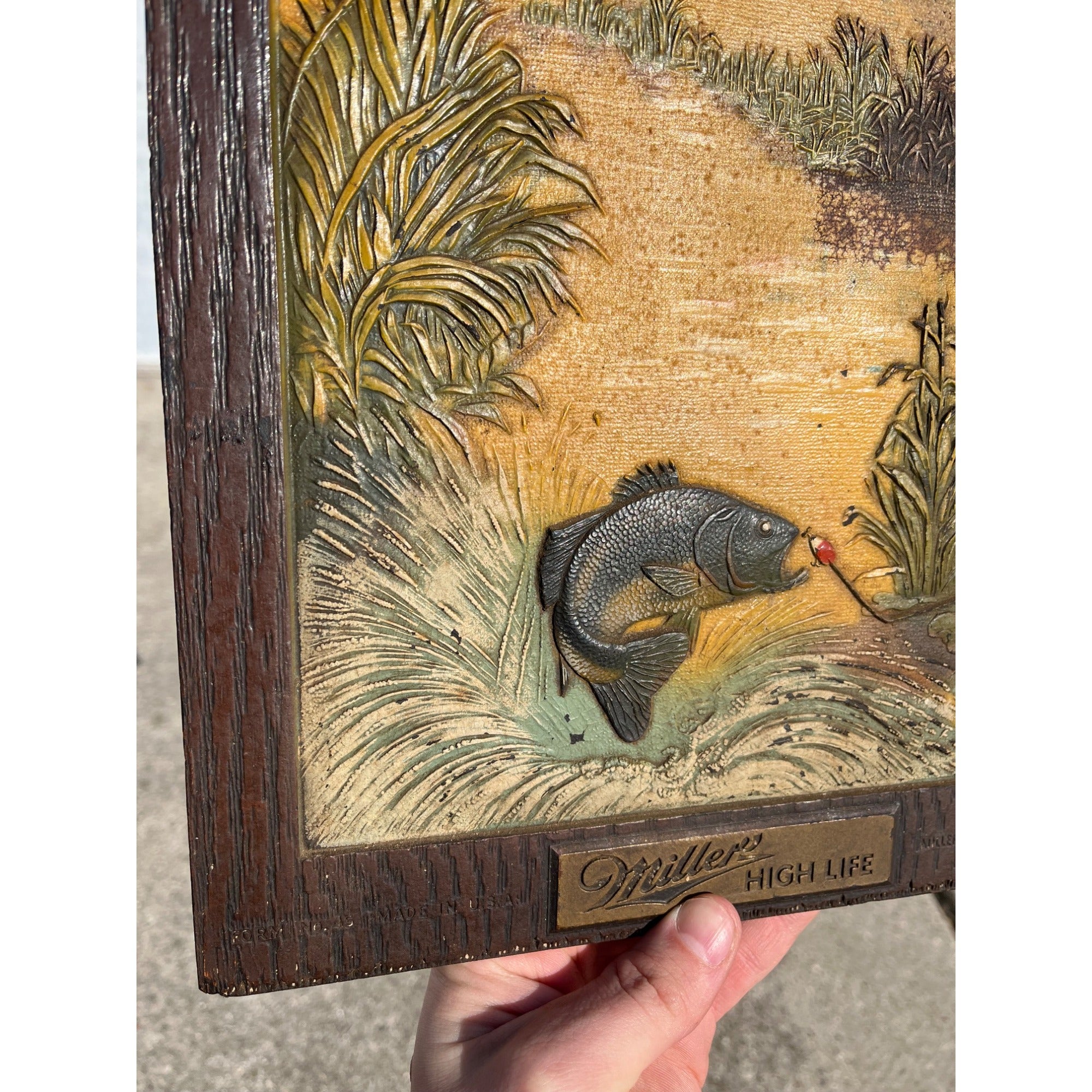 Vintage Miller High Life Beer Composition Bass Fishing Bar Sign Advertising