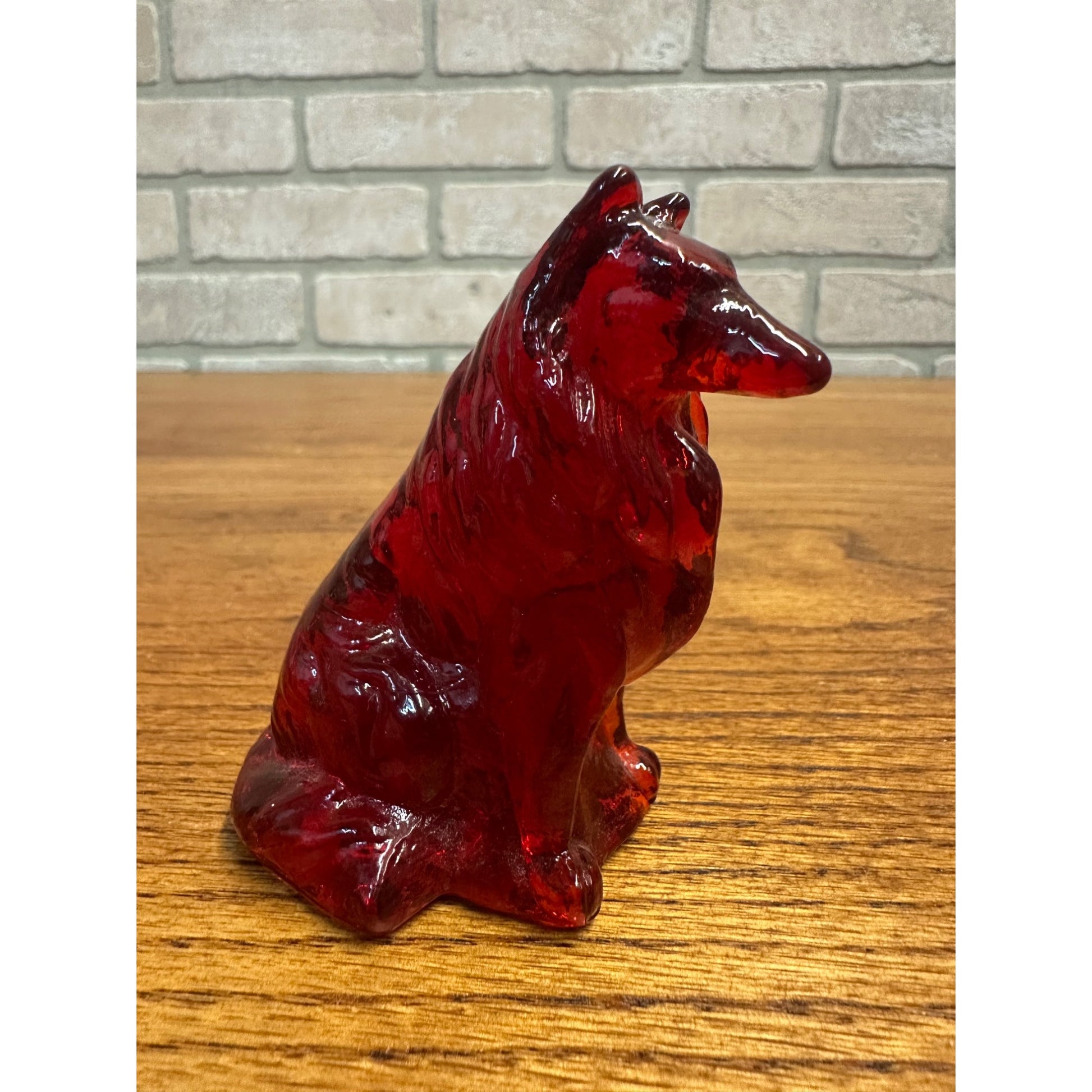 Vintage Mosser Art Glass 3" Sitting Collie Dog Figurine Dark Red UV GLOW