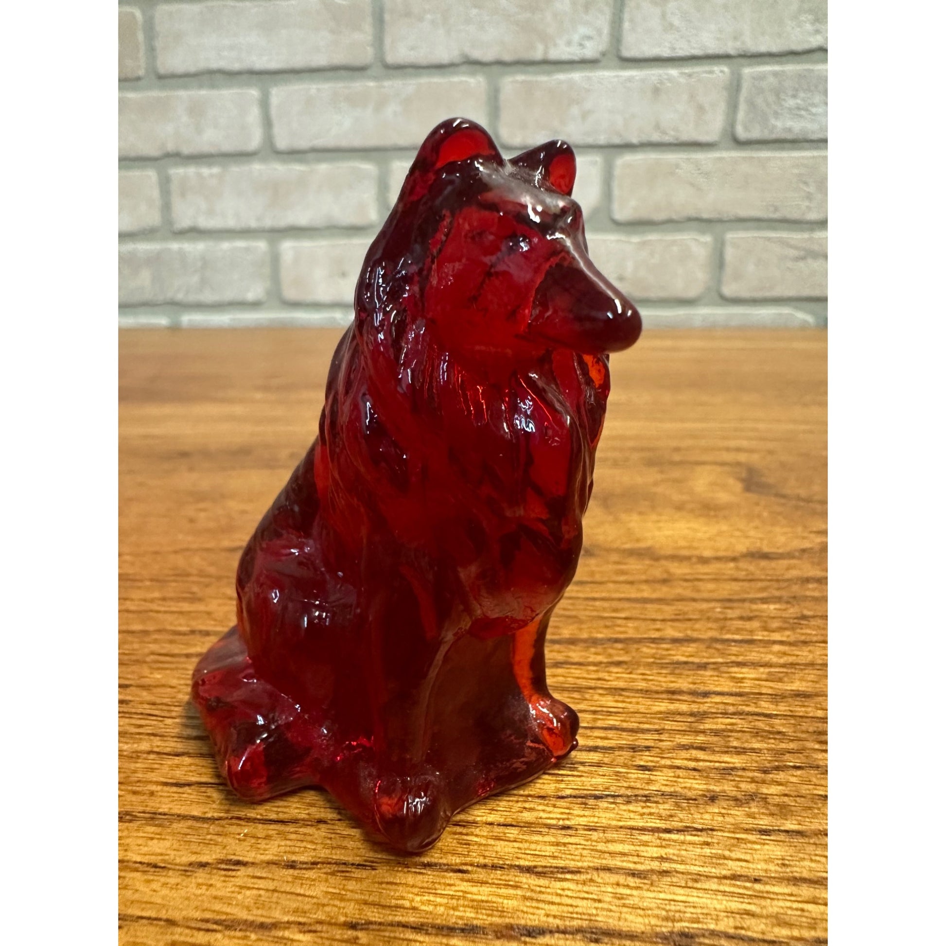 Vintage Mosser Art Glass 3" Sitting Collie Dog Figurine Dark Red UV GLOW