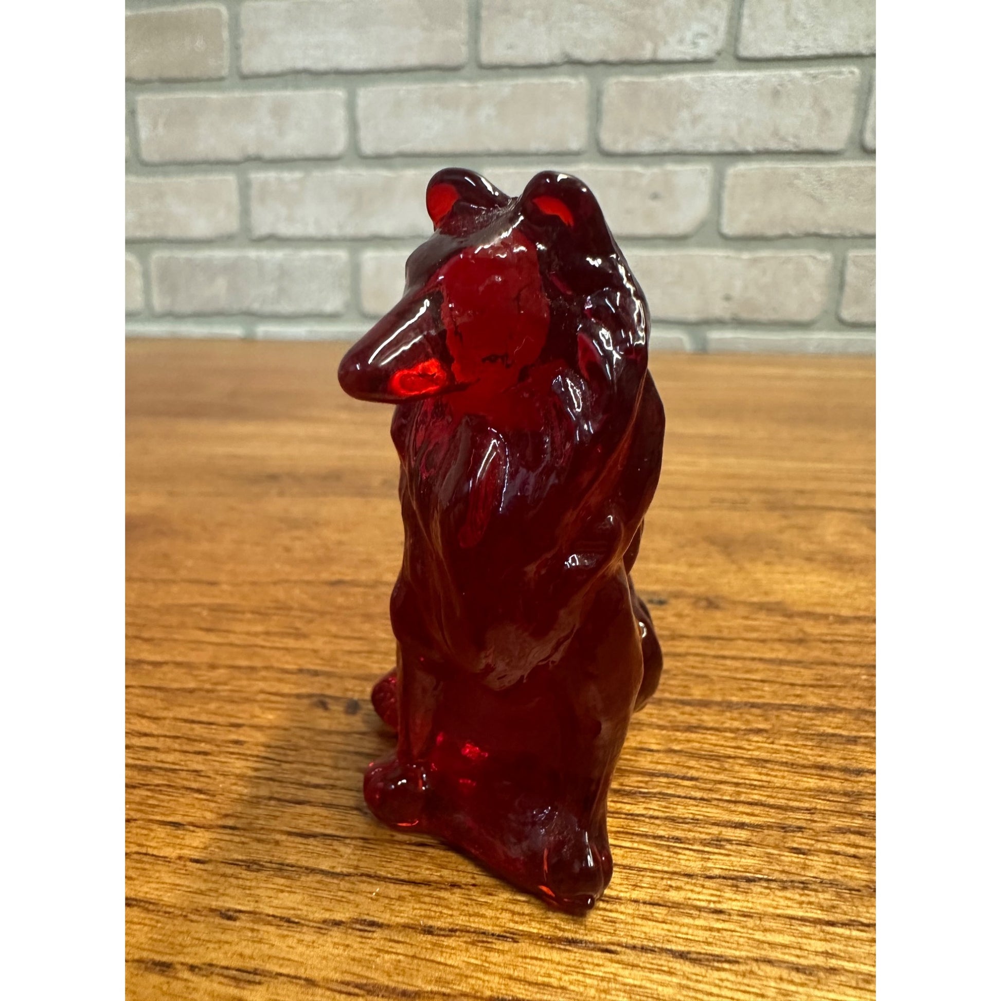 Vintage Mosser Art Glass 3" Sitting Collie Dog Figurine Dark Red UV GLOW