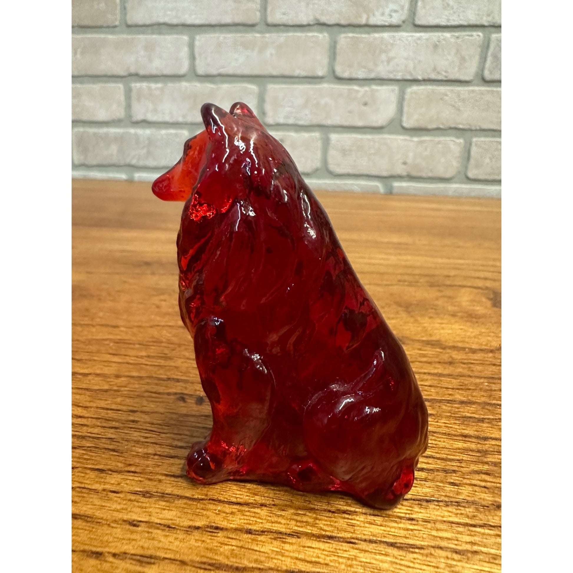 Vintage Mosser Art Glass 3" Sitting Collie Dog Figurine Dark Red UV GLOW