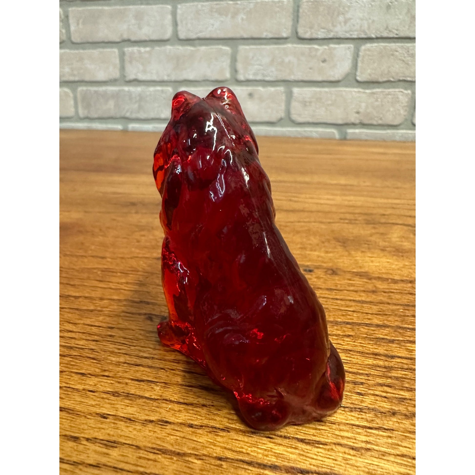 Vintage Mosser Art Glass 3" Sitting Collie Dog Figurine Dark Red UV GLOW