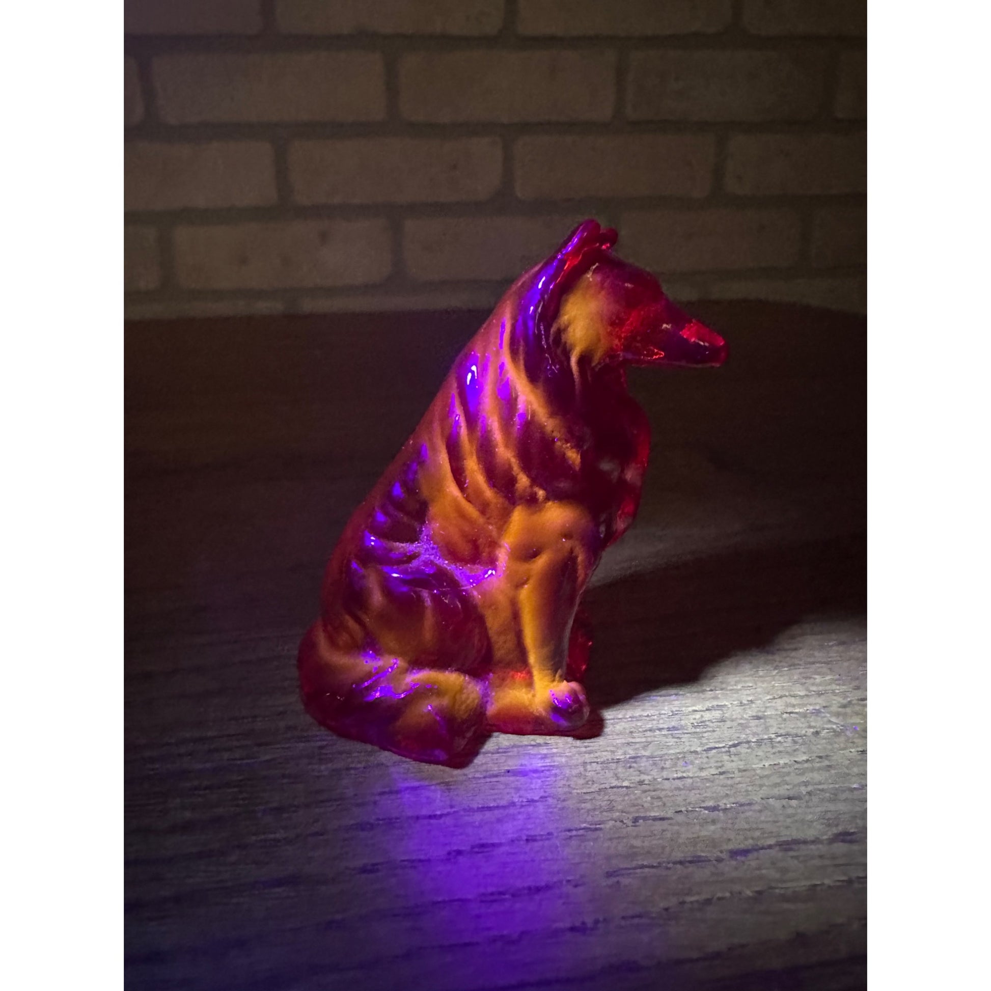 Vintage Mosser Art Glass 3" Sitting Collie Dog Figurine Dark Red UV GLOW
