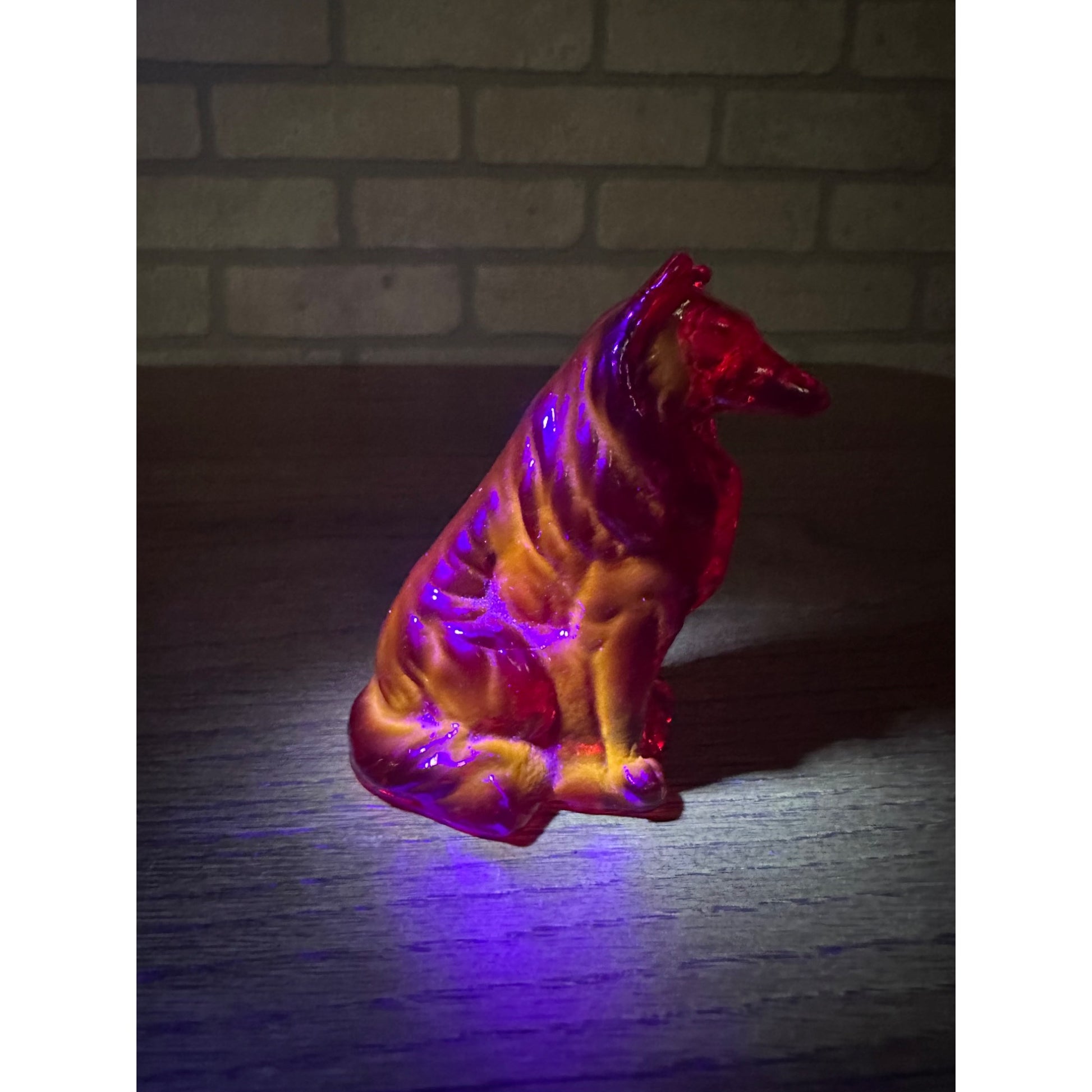 Vintage Mosser Art Glass 3" Sitting Collie Dog Figurine Dark Red UV GLOW
