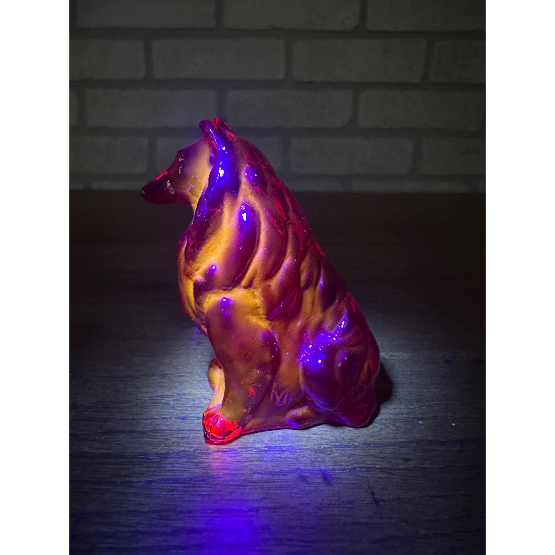 Vintage Mosser Art Glass 3" Sitting Collie Dog Figurine Dark Red UV GLOW