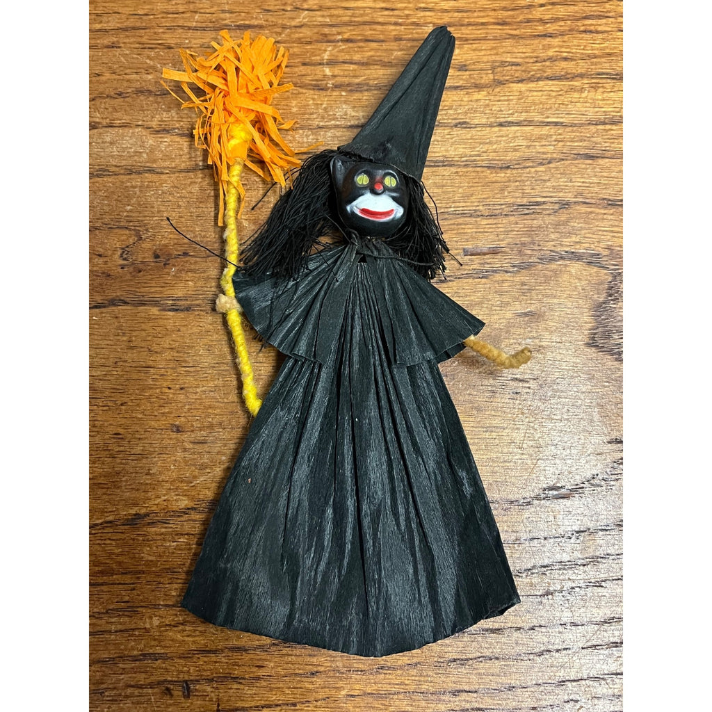 Vintage 1930s Halloween Black Cat Witch Crepe Chenille Figure