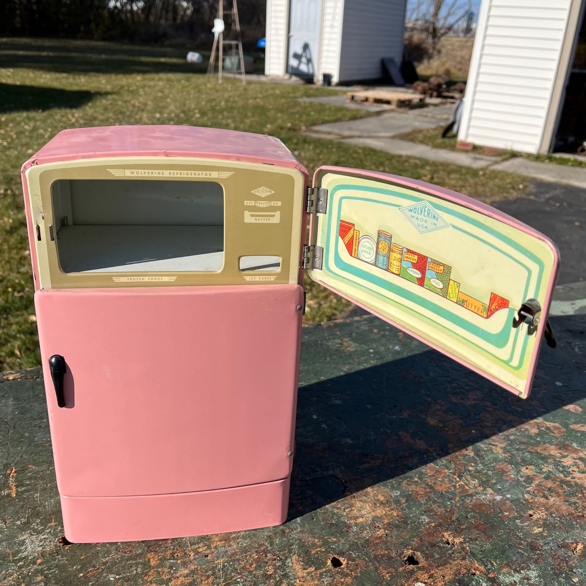 Vintage 50’s Wolverine Toy Kitchen Fridge Appliance Pink Tin Metal Play Set