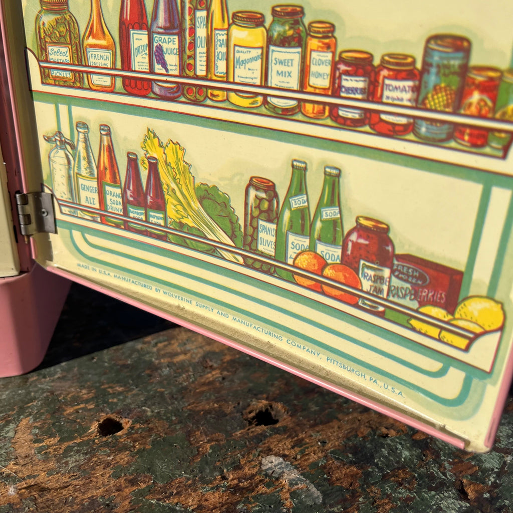 Vintage 50’s Wolverine Toy Kitchen Fridge Appliance Pink Tin Metal Play Set