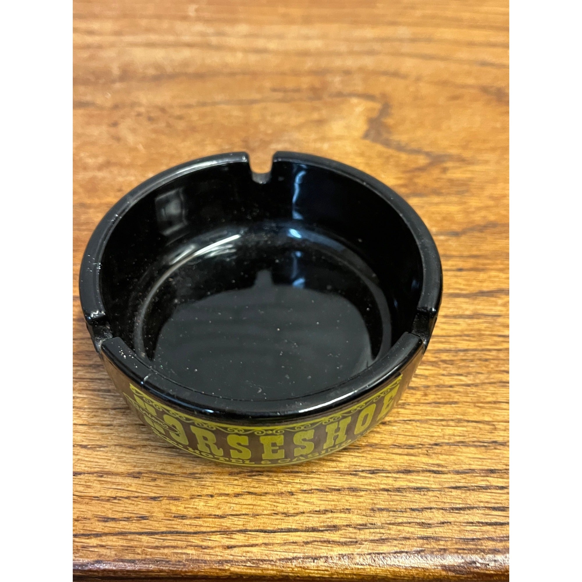 Vintage Horseshoe Hotel & Casino Las Vegas NV Black Glass Ashtray Advertising