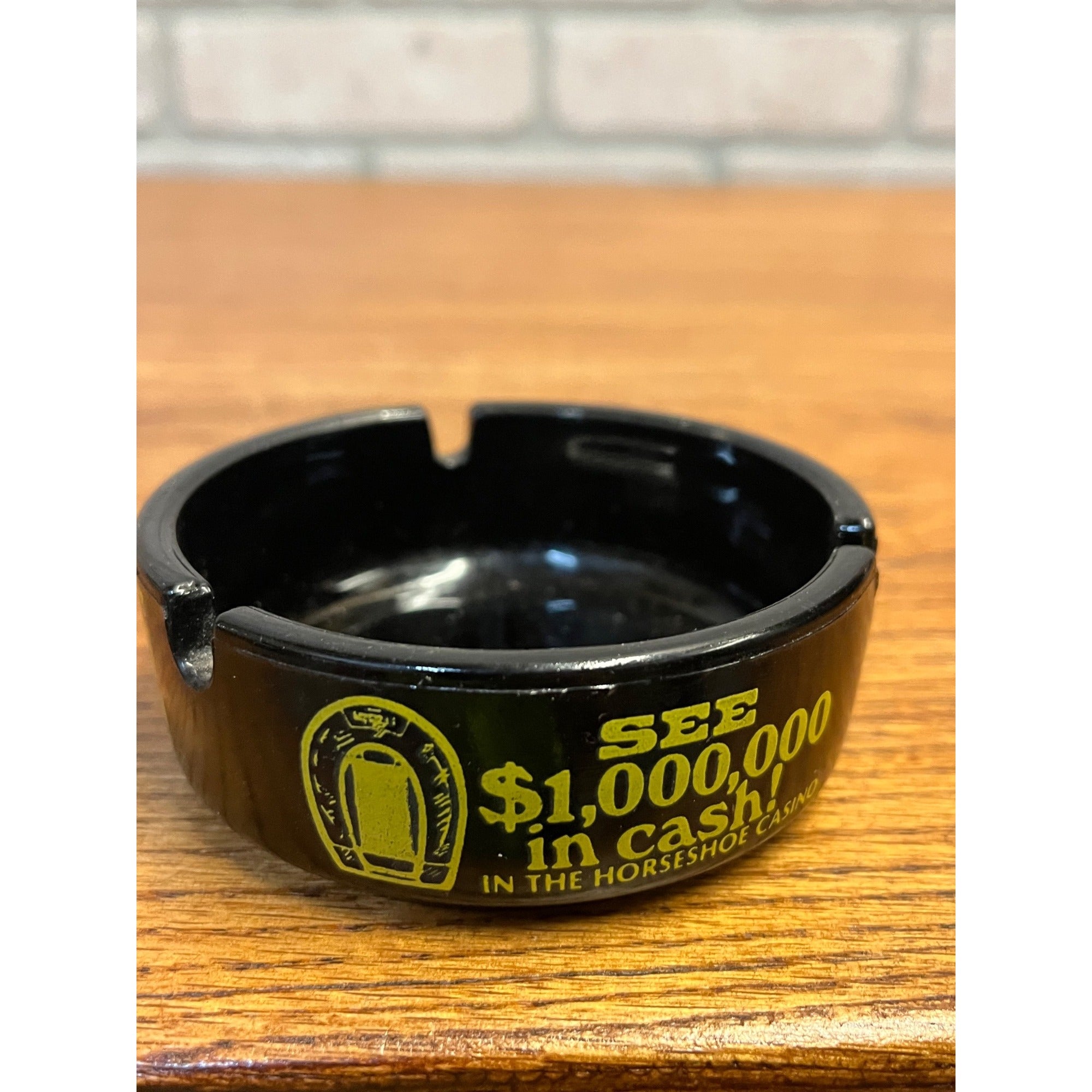 Vintage Horseshoe Hotel & Casino Las Vegas NV Black Glass Ashtray Advertising