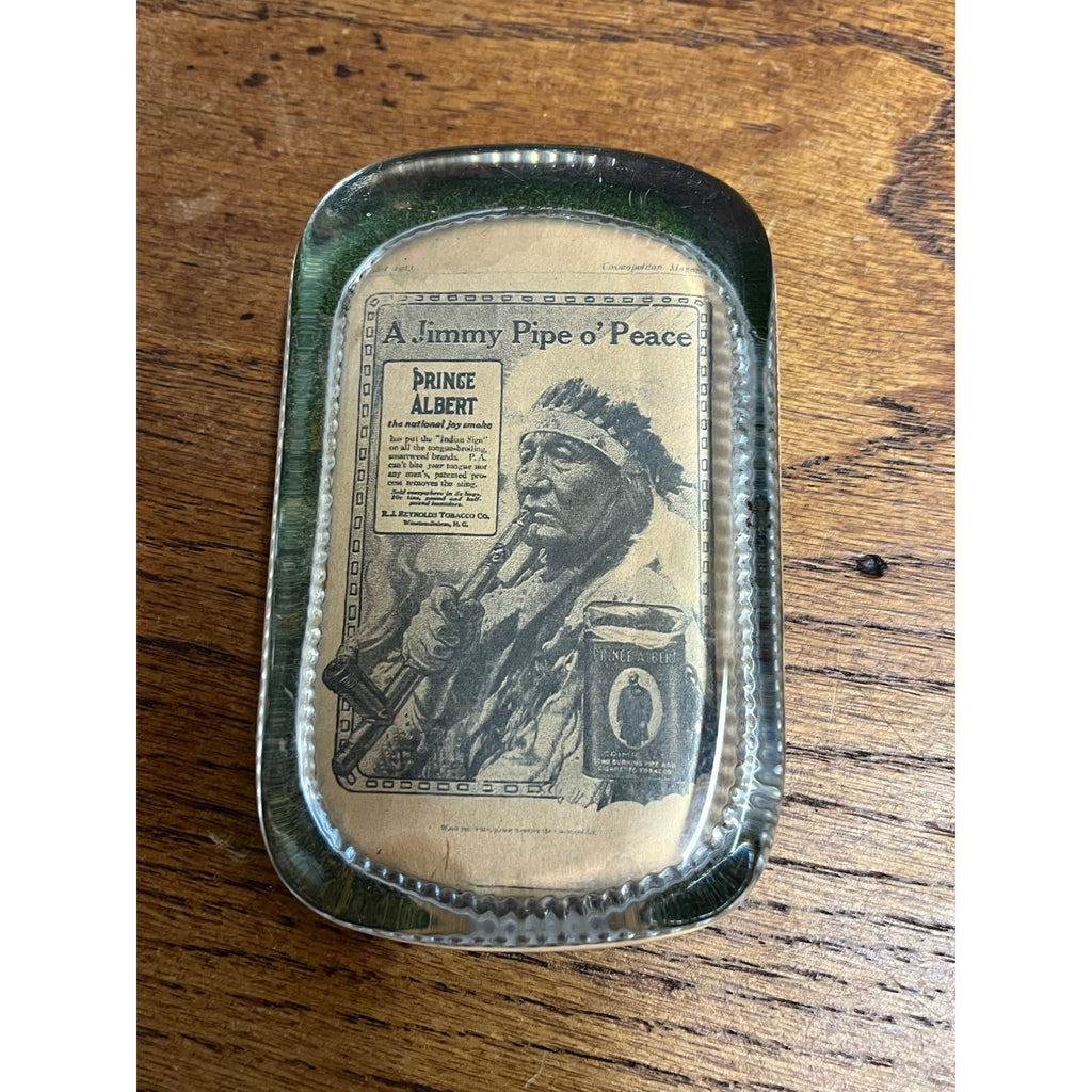 Vintage 1930s Prince Albert Tobacco Advertising Glass Paperweight Jimmy Pipe