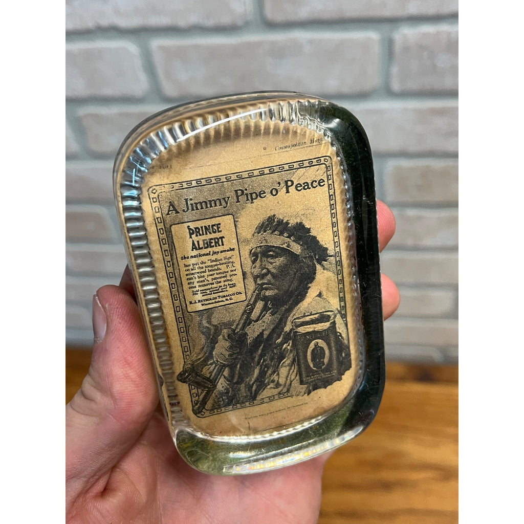 Vintage 1930s Prince Albert Tobacco Advertising Glass Paperweight Jimmy Pipe