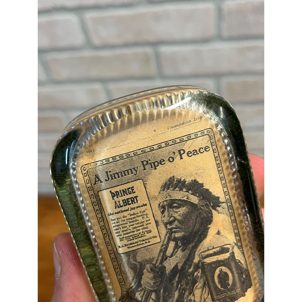 Vintage 1930s Prince Albert Tobacco Advertising Glass Paperweight Jimmy Pipe