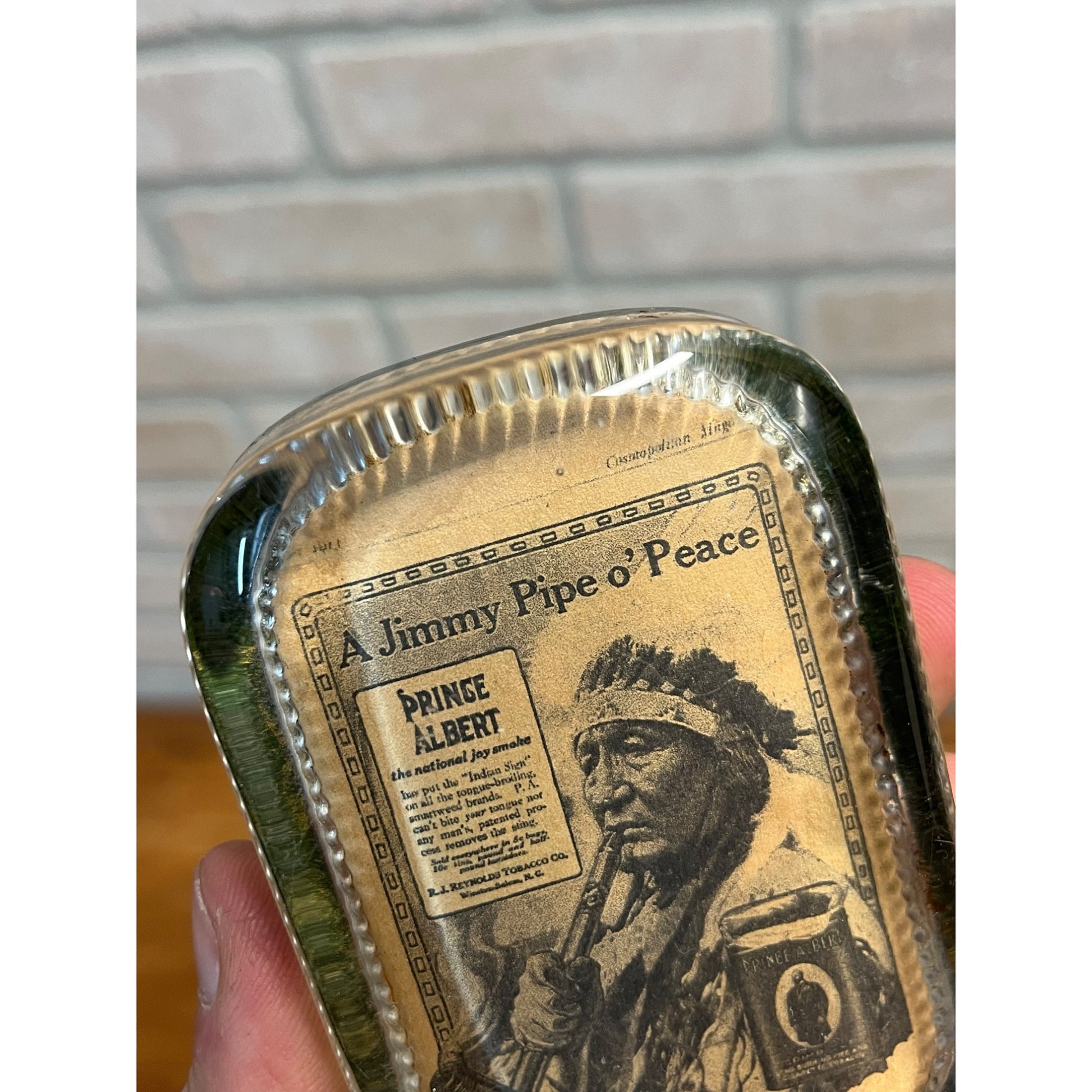 Vintage 1930s Prince Albert Tobacco Advertising Glass Paperweight Jimmy Pipe