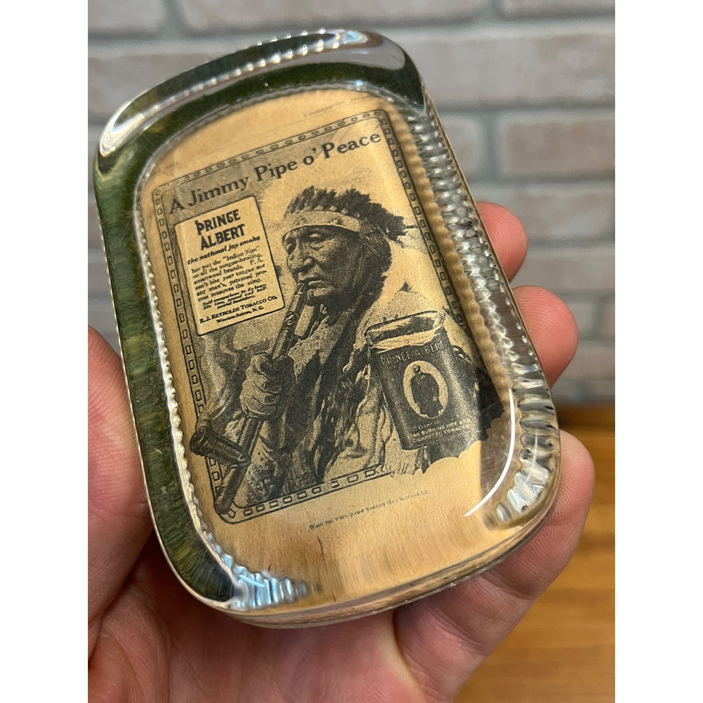 Vintage 1930s Prince Albert Tobacco Advertising Glass Paperweight Jimmy Pipe
