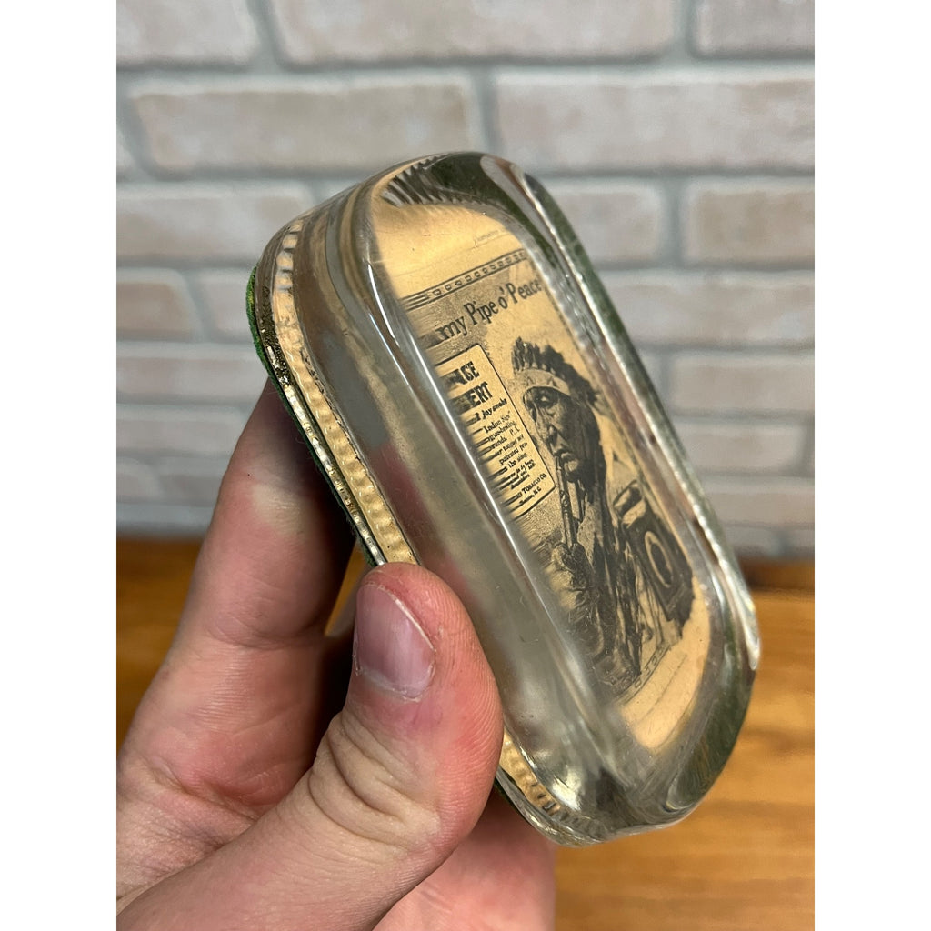 Vintage 1930s Prince Albert Tobacco Advertising Glass Paperweight Jimmy Pipe