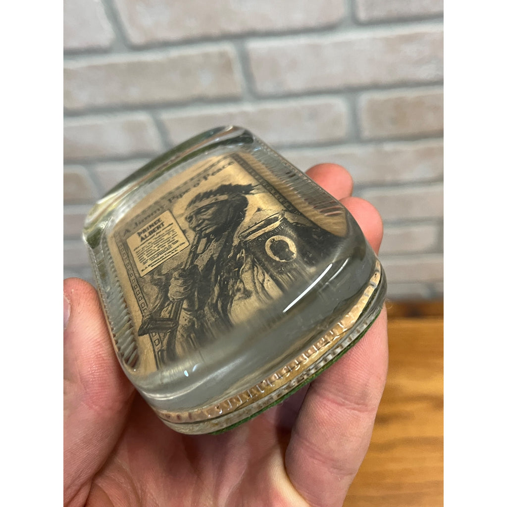 Vintage 1930s Prince Albert Tobacco Advertising Glass Paperweight Jimmy Pipe