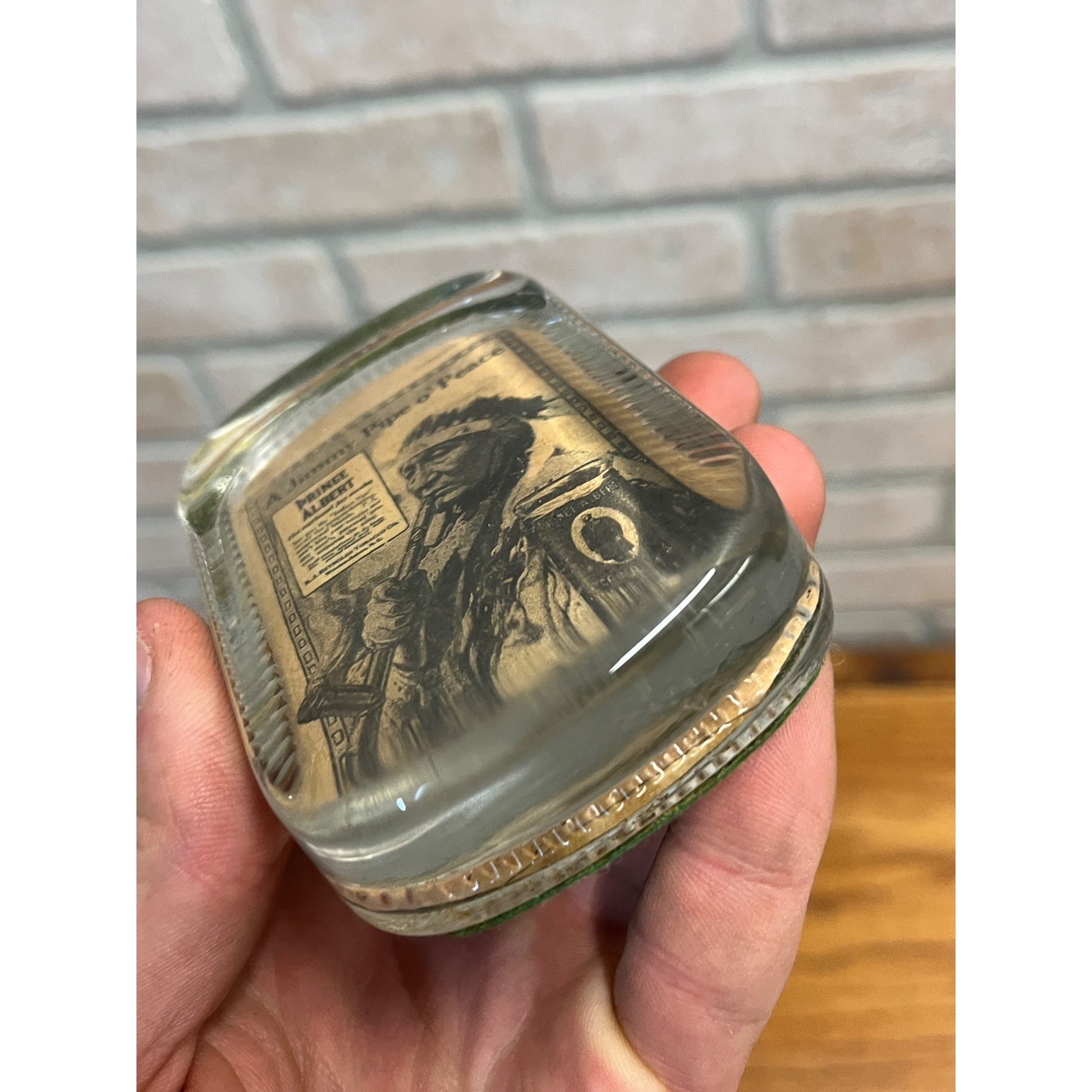 Vintage 1930s Prince Albert Tobacco Advertising Glass Paperweight Jimmy Pipe