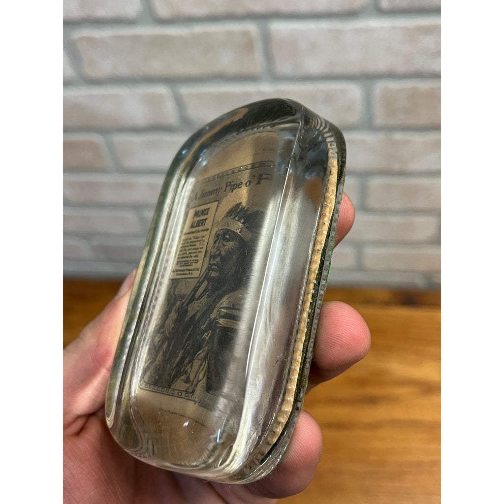 Vintage 1930s Prince Albert Tobacco Advertising Glass Paperweight Jimmy Pipe