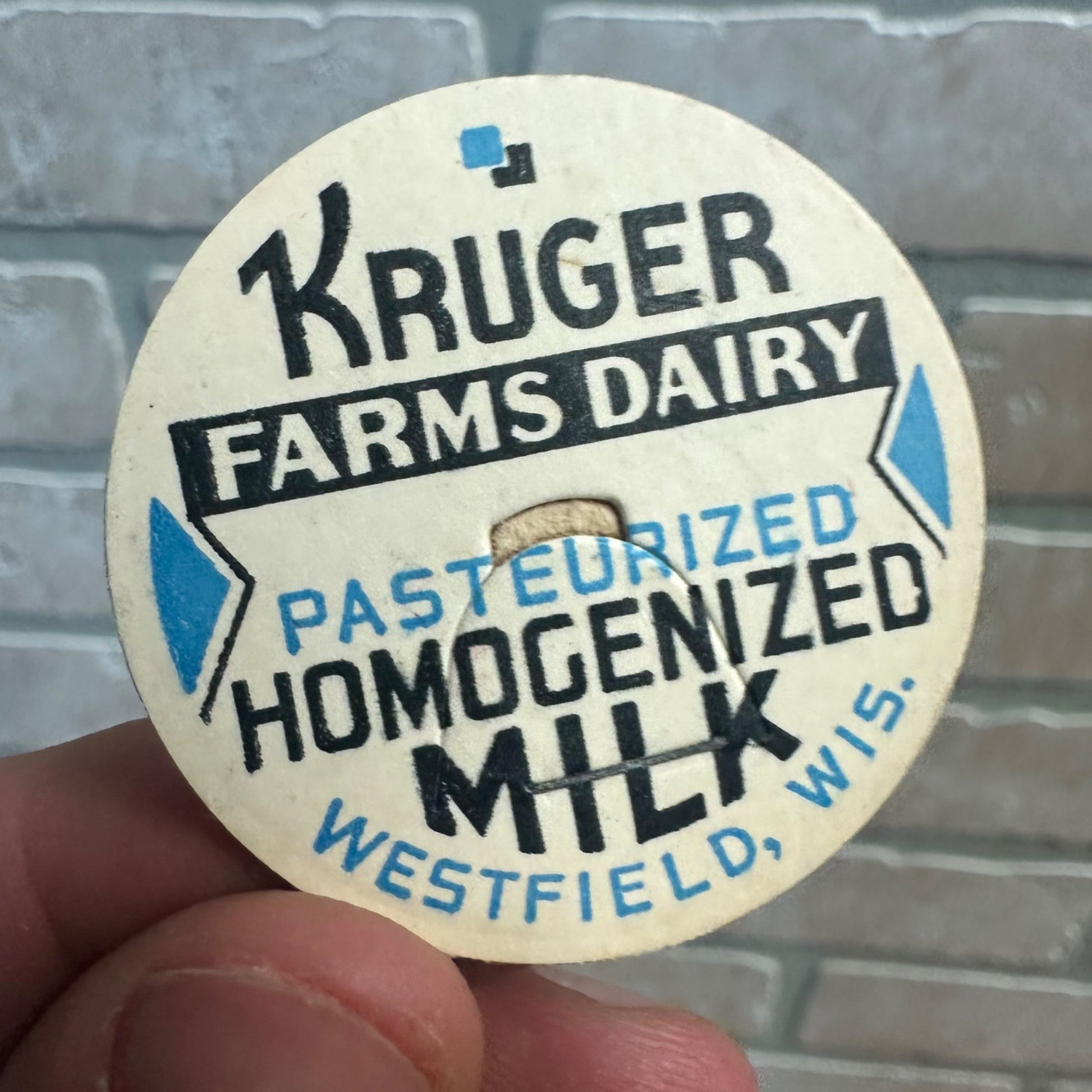 Milk Bottle Cap - Kruger Farms Dairy - Westfield, (Wisconsin) Wis WI - Blue