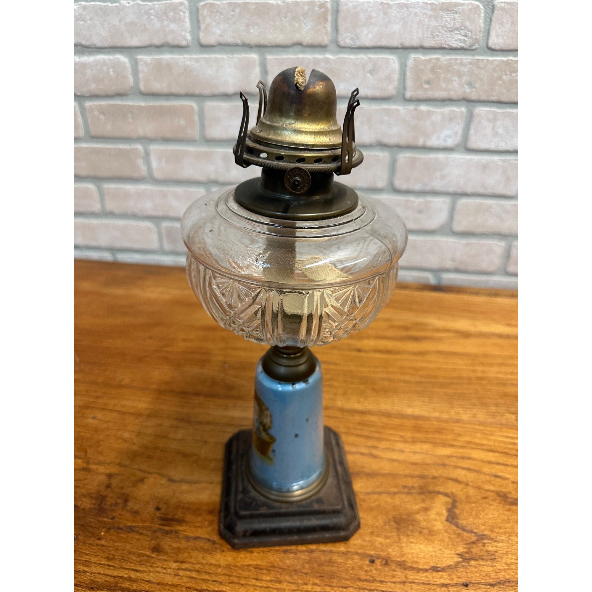 Antique Victorian 19th c. Oil Lamp w/ Reverse Painted Glass Column Child