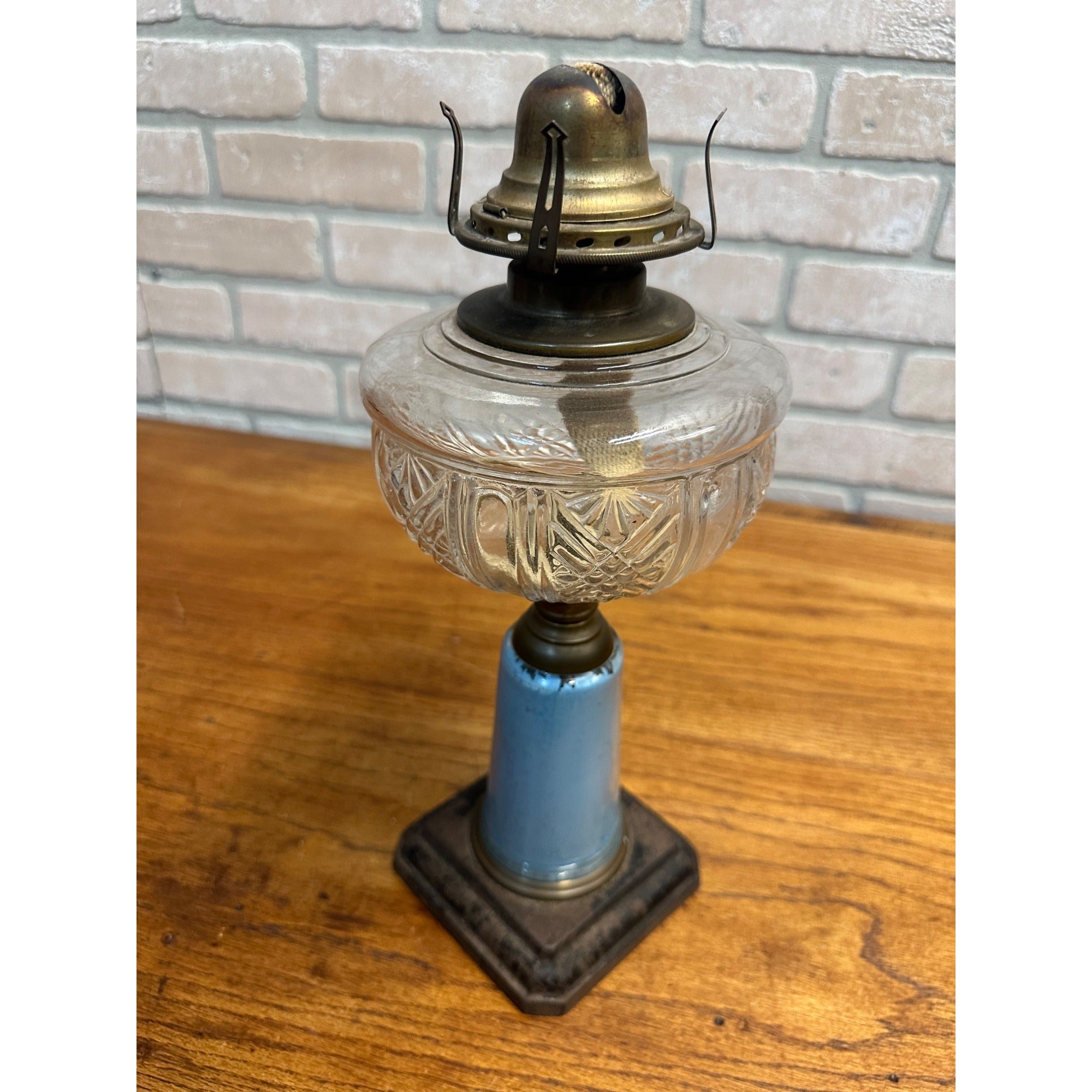 Antique Victorian 19th c. Oil Lamp w/ Reverse Painted Glass Column Child