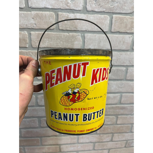 Vintage 1960s The Peanut Kids Peanut Butter Tin Pail 5 Lbs Advertising Kitchen Decor