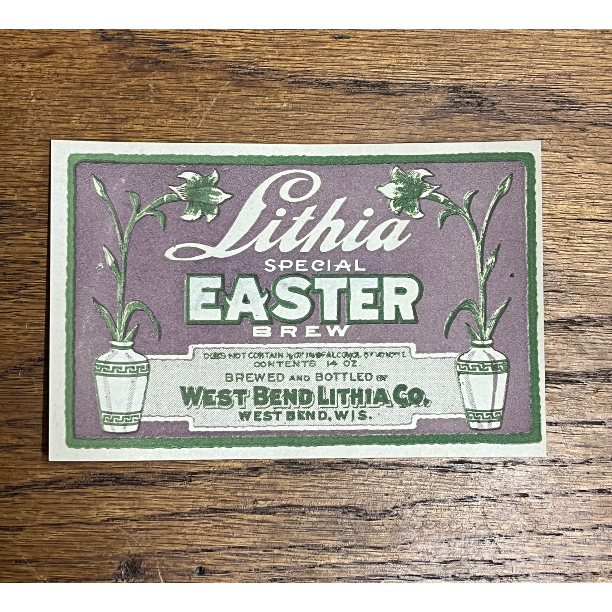 Prohibition Easter Brew Beer Bottle Label U-Permit West Bend Lithia Co. Wis
